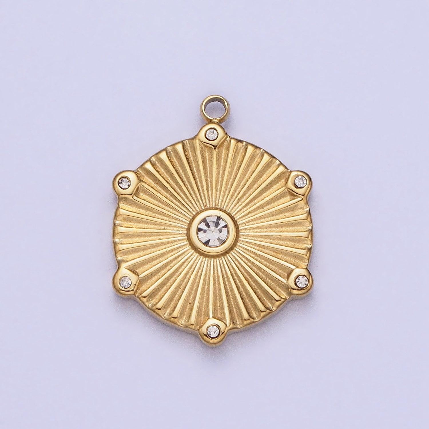 Dainty cz stainless steel sunburst charm in gold & silver medallion sun circle pendant lead nickel free tarnish free | p-886