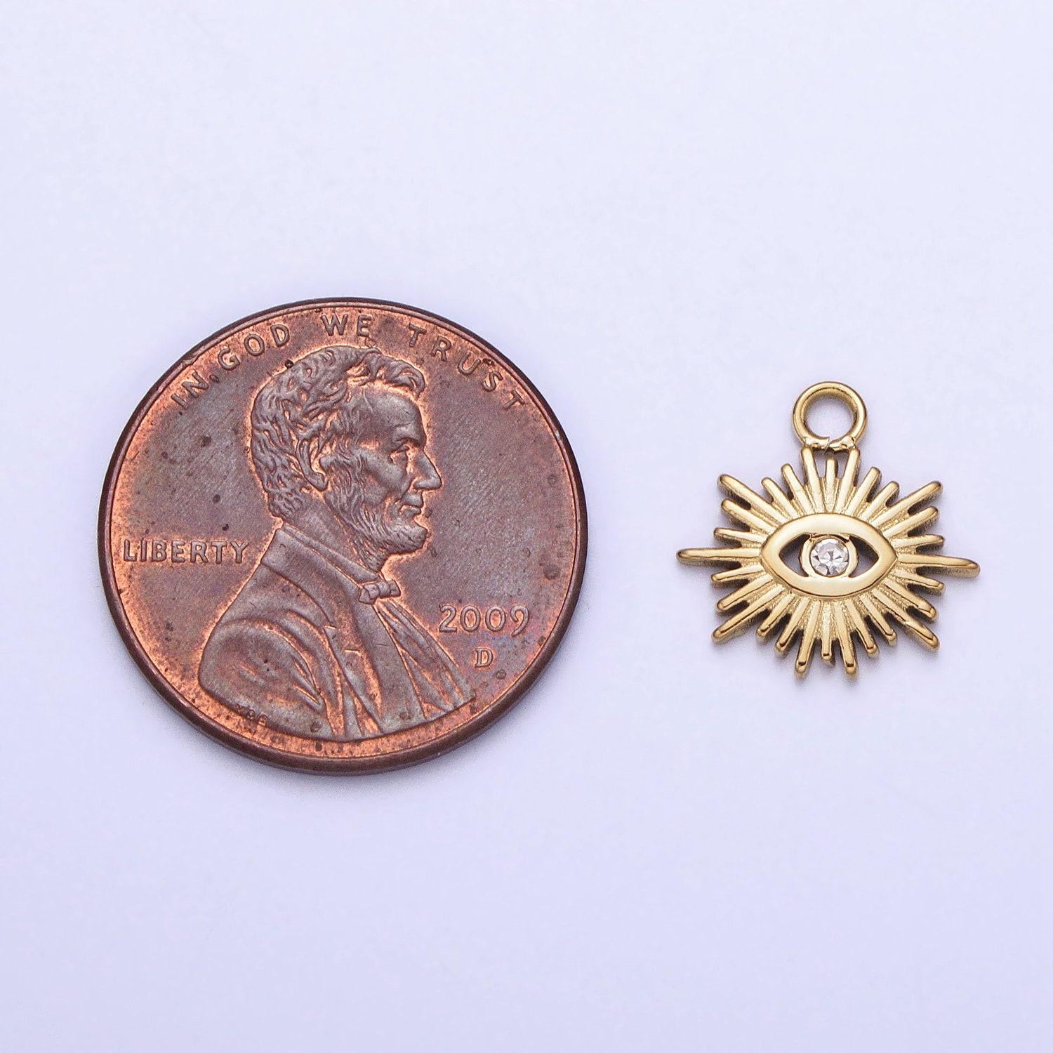 Gold sun charm, gold evil eye pendant, sun ray charm, sunburst charm, stainless steel evil eye sun pendant, sunshine charm, bohemian jewelry