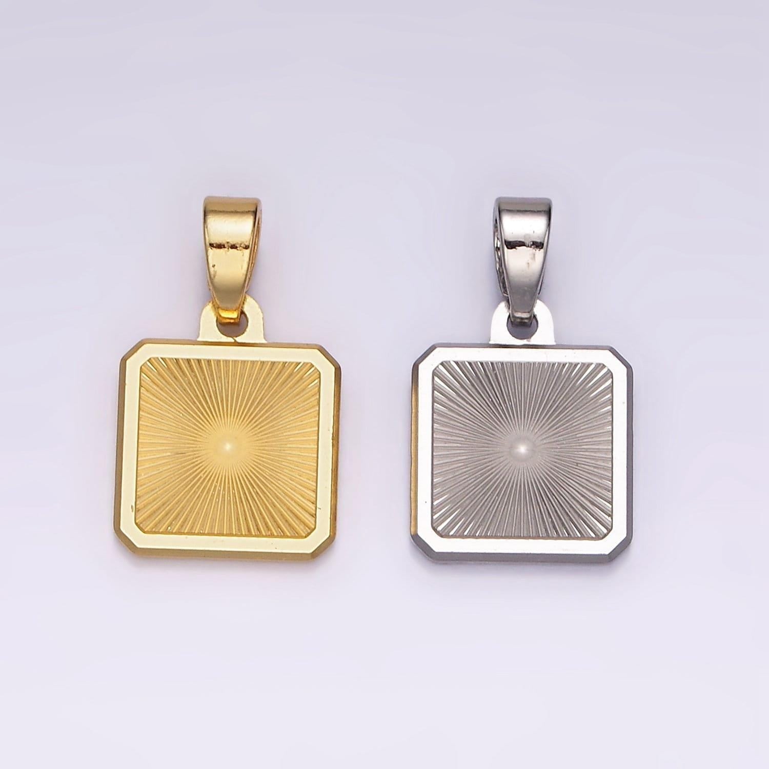 Gold radial square charm necklace silver sunburst stainless steel pendant, dainty geometric tag pendant gift necklace supply ah082
