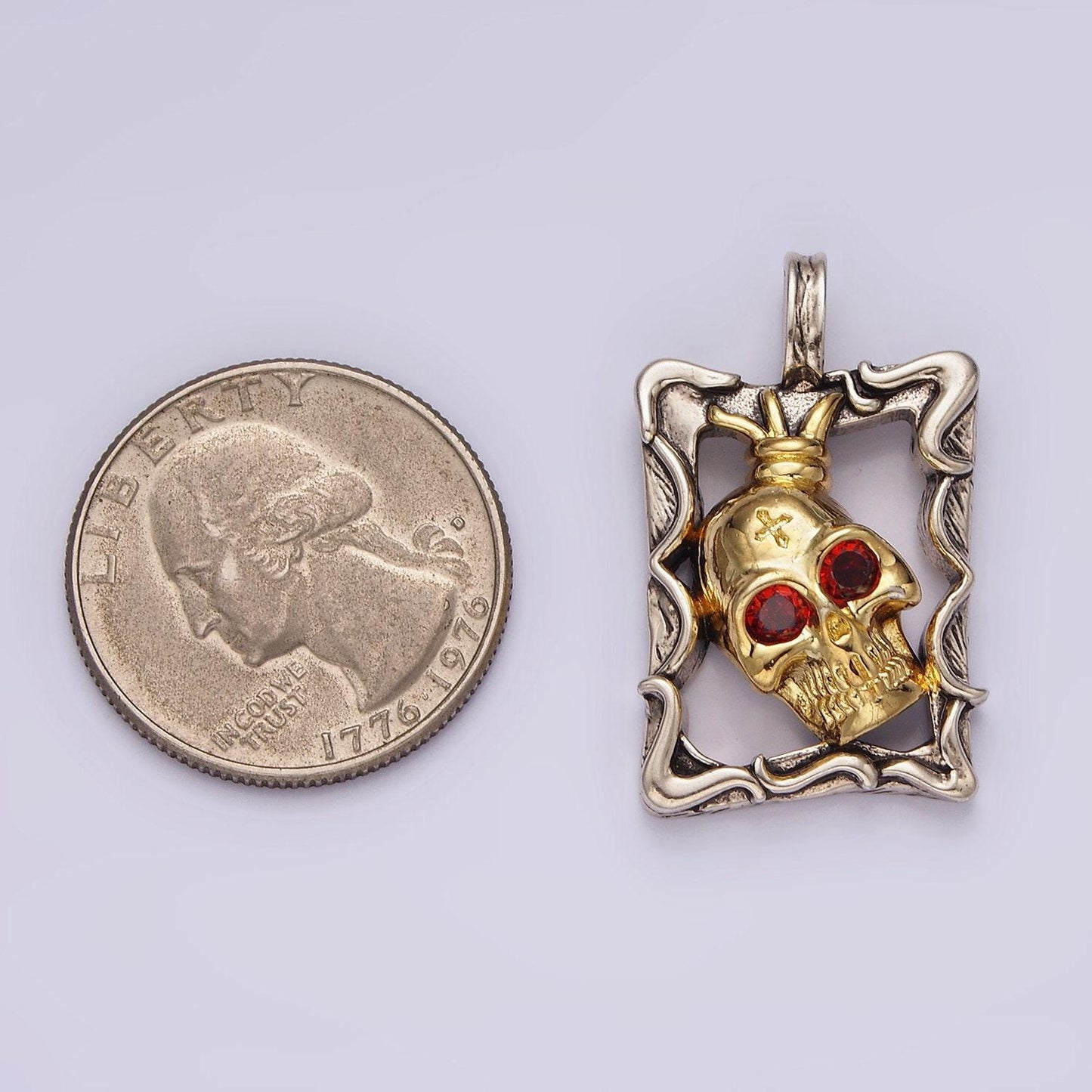 Stainless steel red cz skull skeleton open abstract frame mixed metal pendant two tone halloween jewelry inspired | p-861