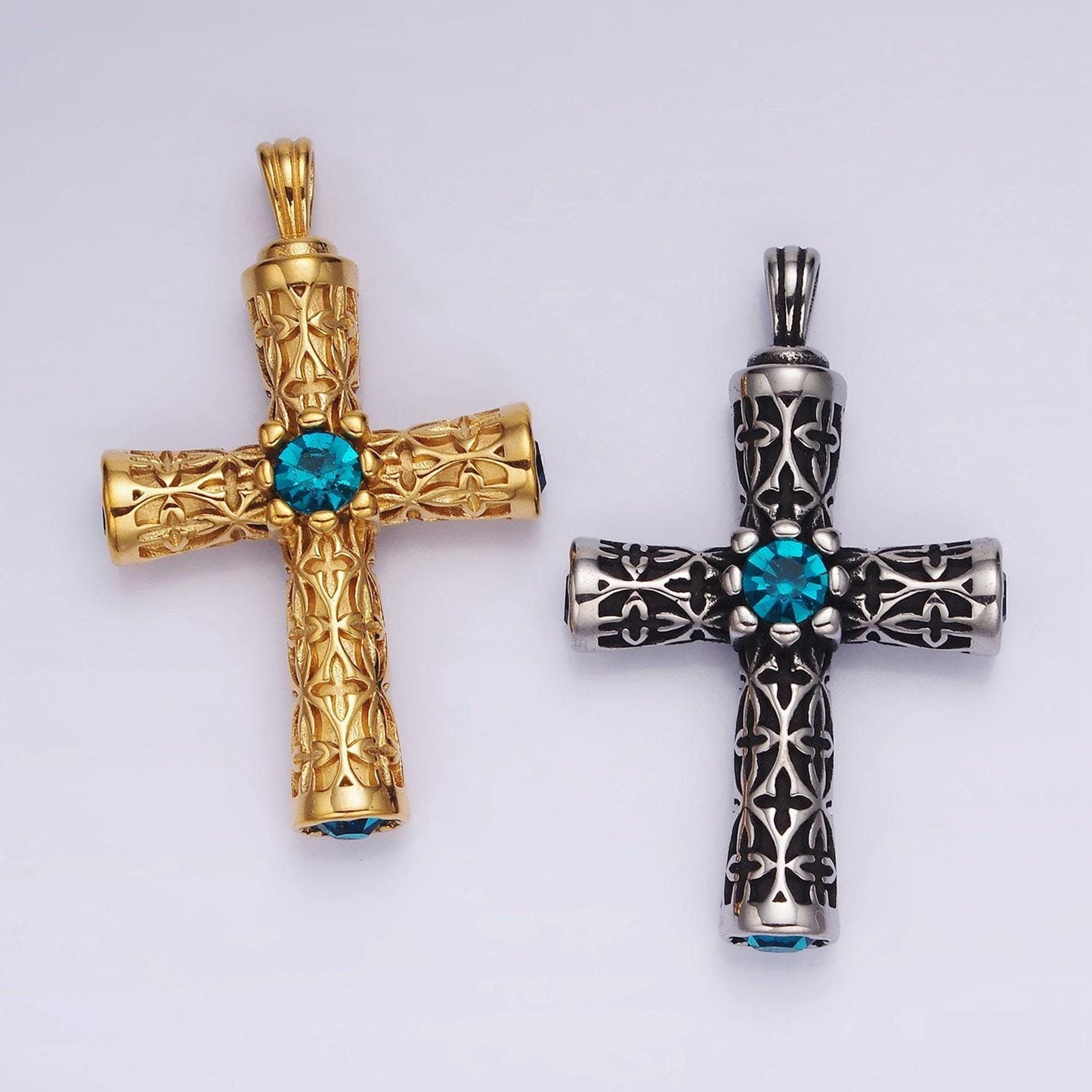 Stainless steel 50.5mm four blue cz artisan passion celtic engraved religious cross pendant in gold & silver | p853