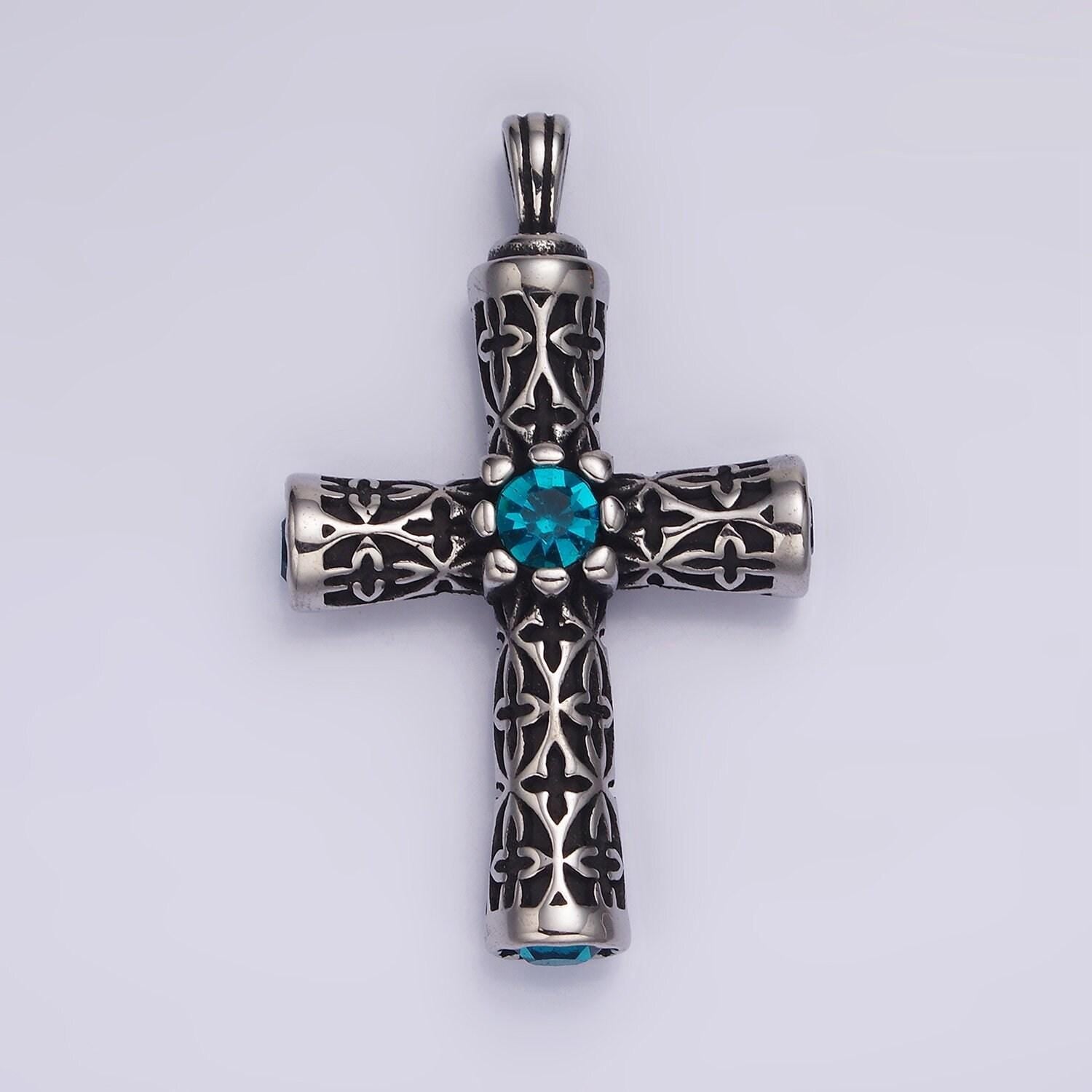 Stainless steel 50.5mm four blue cz artisan passion celtic engraved religious cross pendant in gold & silver | p853