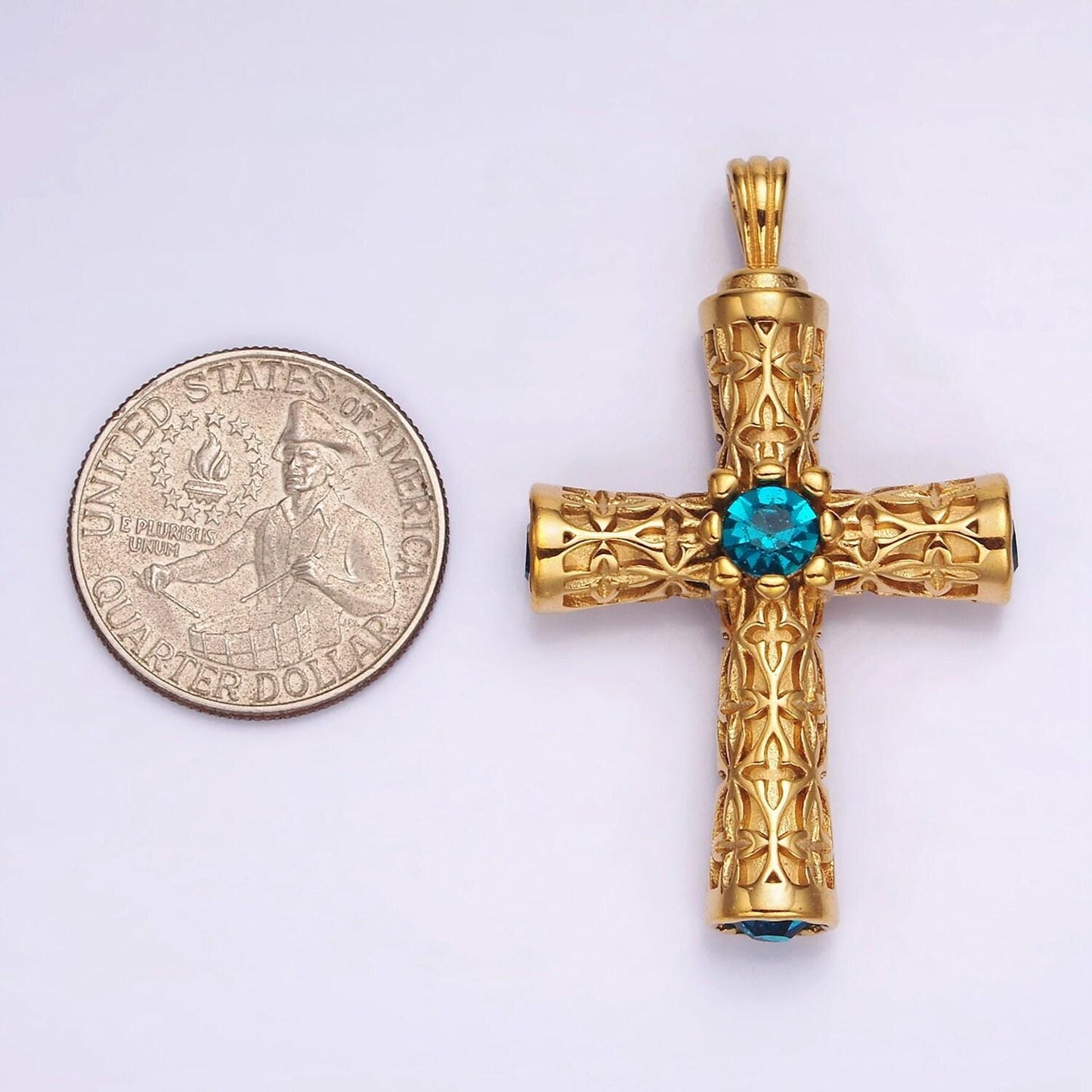 Stainless steel 50.5mm four blue cz artisan passion celtic engraved religious cross pendant in gold & silver | p853