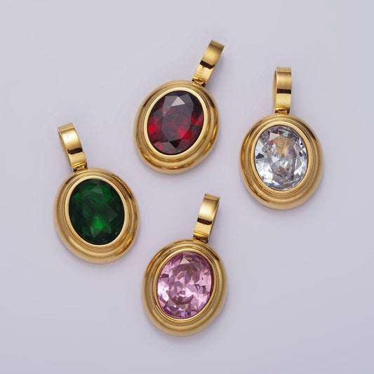 Dainty gold oval charm cubic pendant with cz stone in stainless steel findings medallion jewelry inspired dangle charm p839