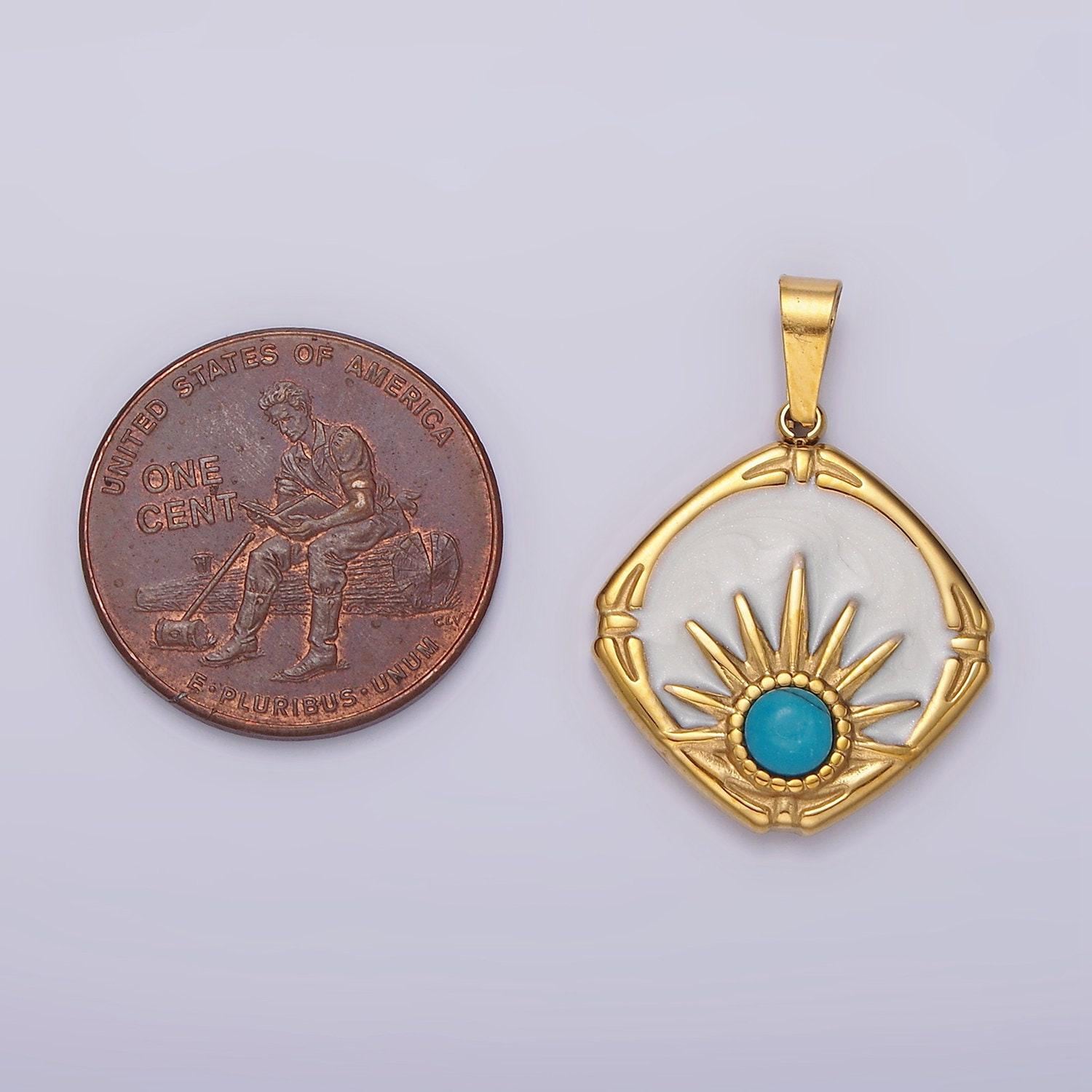 Stainless steel turquoise celestial sun white enamel round rhombus pendant | p830