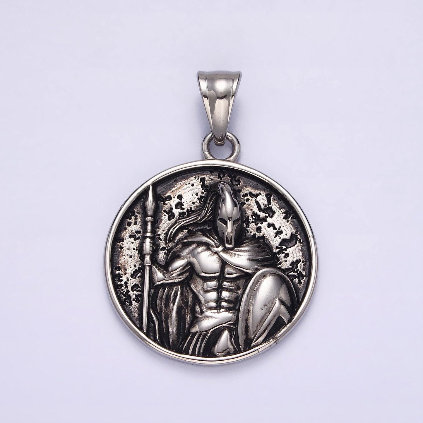 Stainless steel 35mm warrior soldier spear shield round pendant | p824