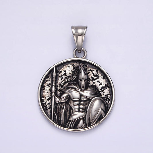 Stainless steel 35mm warrior soldier spear shield round pendant | p824