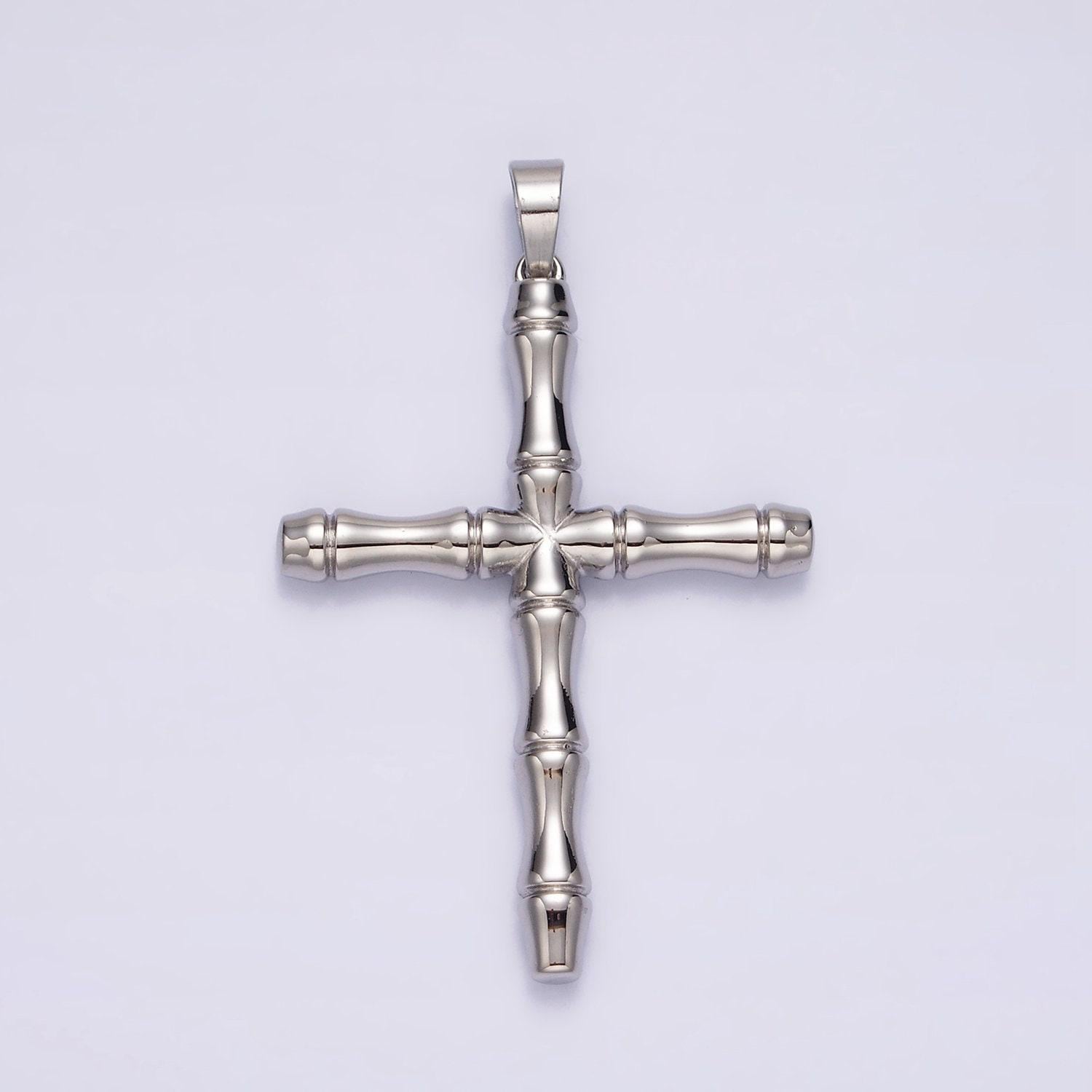 Stainless steel 56mm bamboo cross religious silver pendant | p774