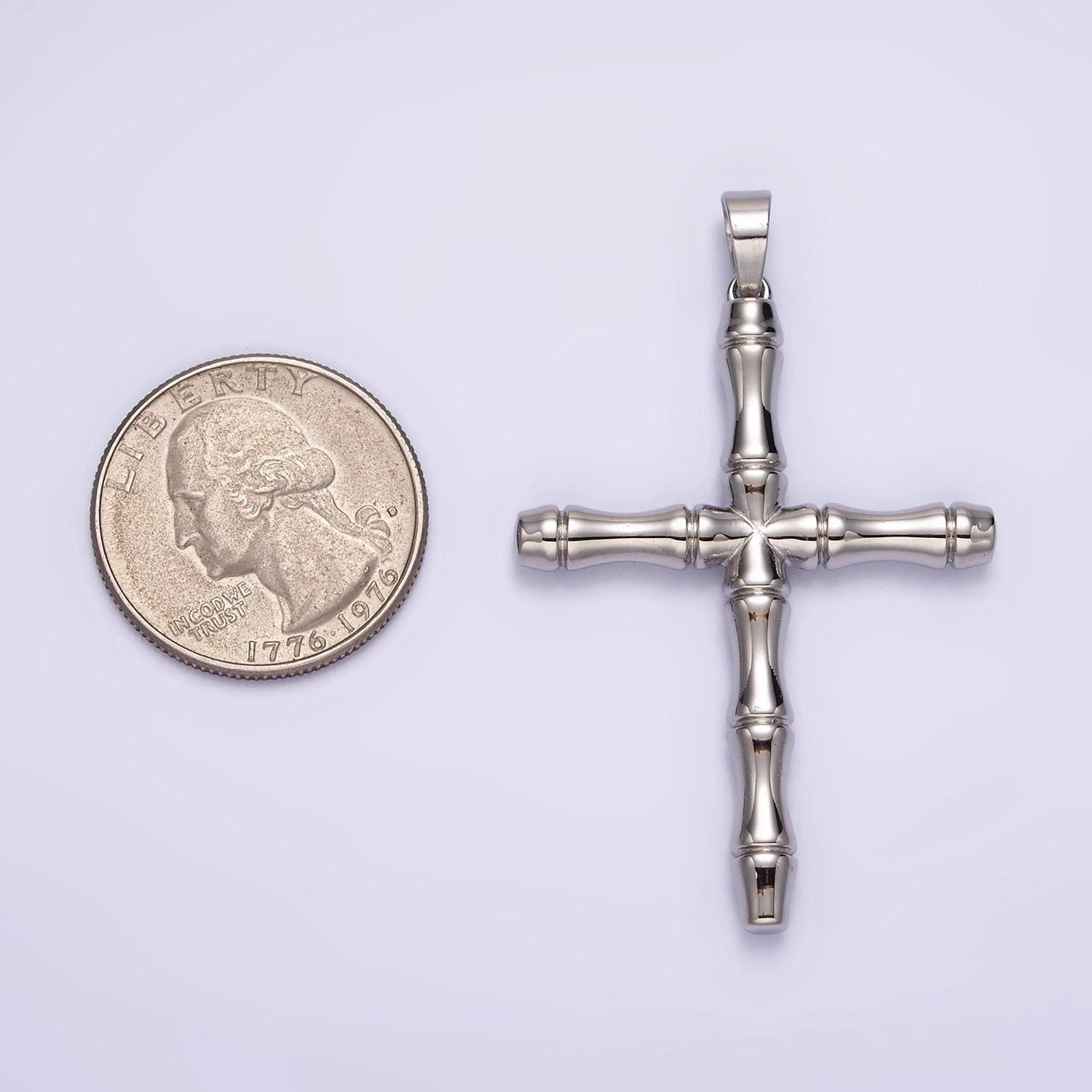 Stainless steel 56mm bamboo cross religious silver pendant | p774