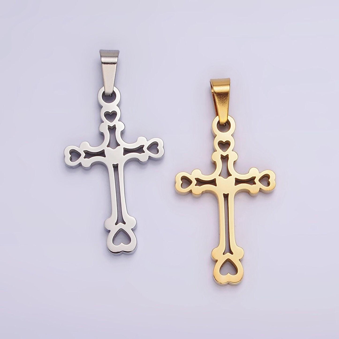 Stainless steel 30mm open heart passion cross pendant in gold & silver | p753