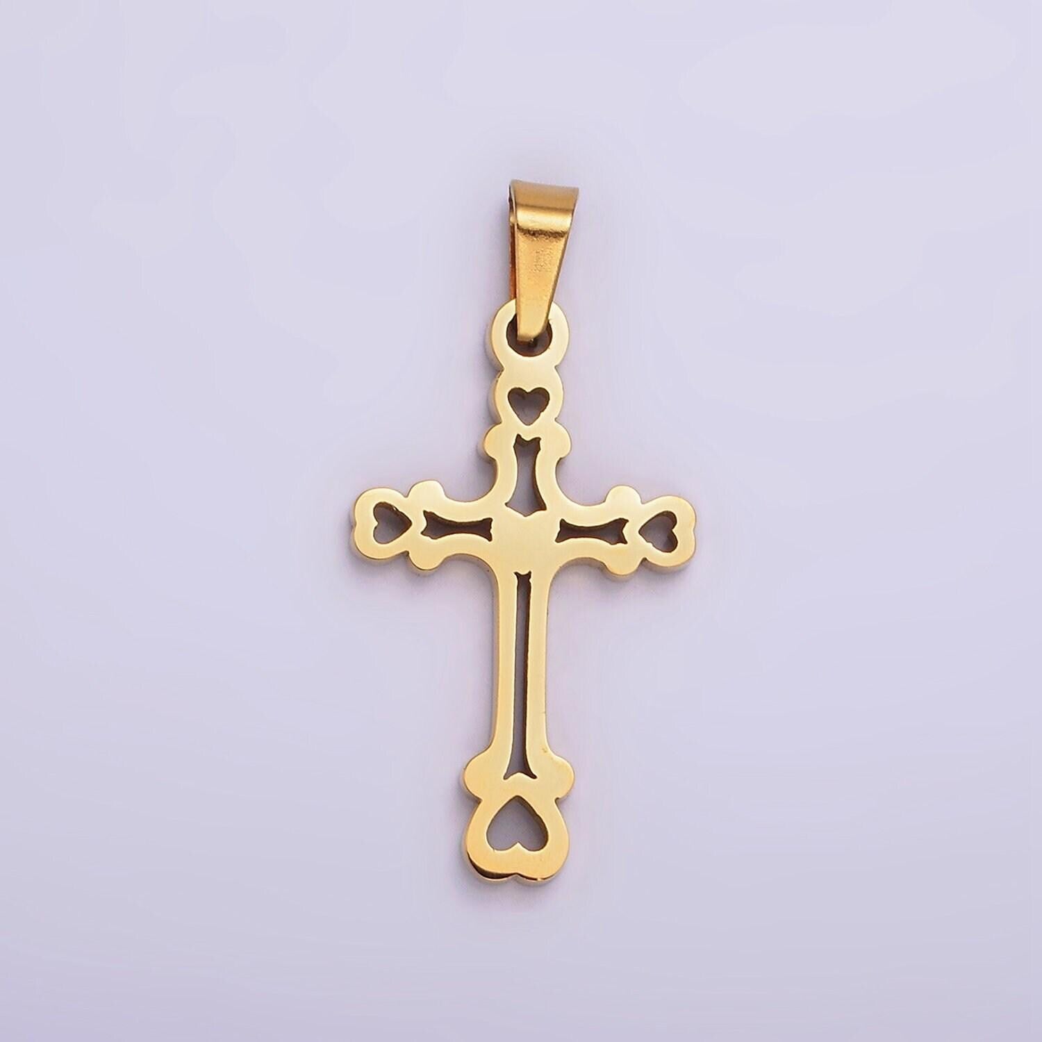 Stainless steel 30mm open heart passion cross pendant in gold & silver | p753