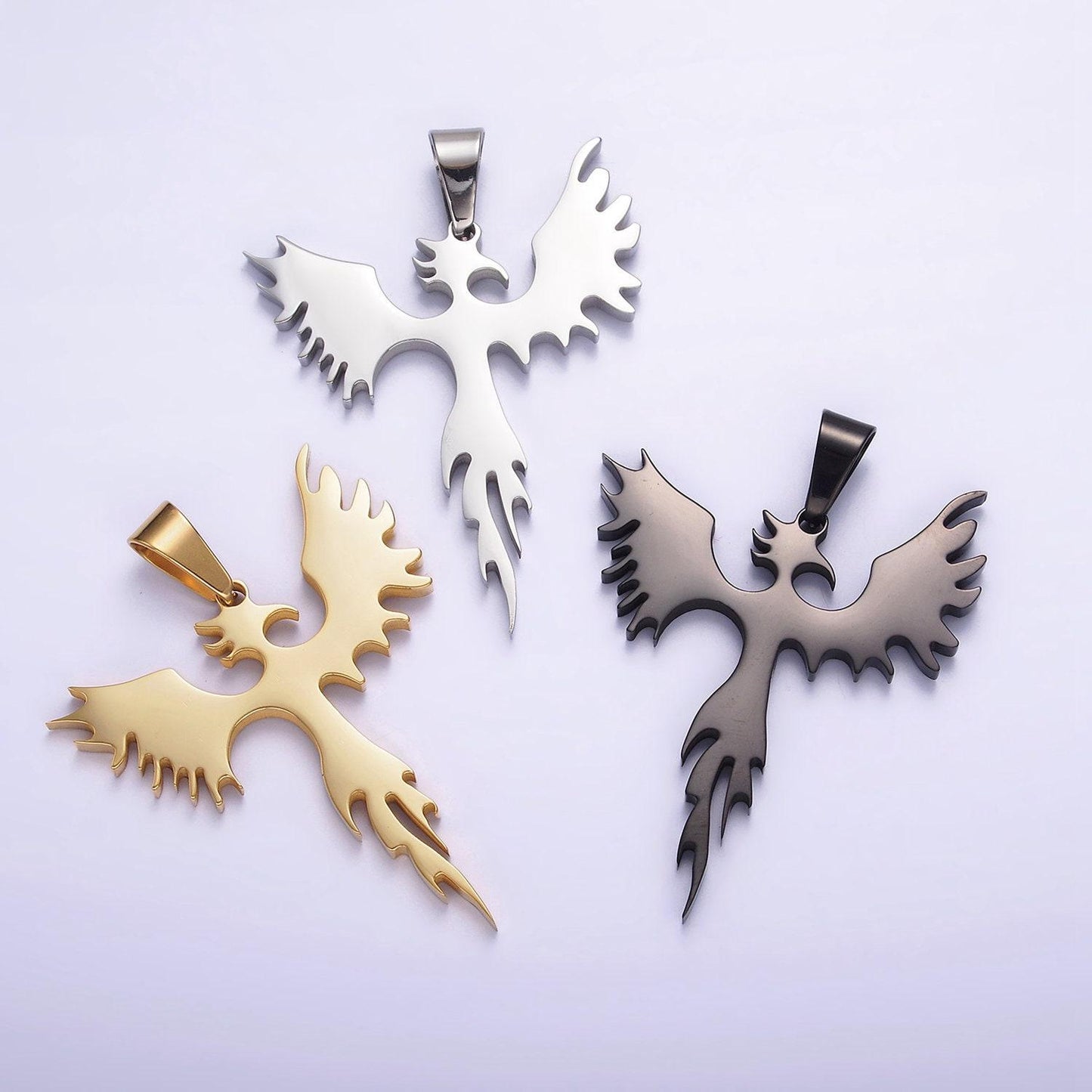 Stainless steel phoenix bird charm statement necklace fire pedant in gold, black, silver | p713 - p715