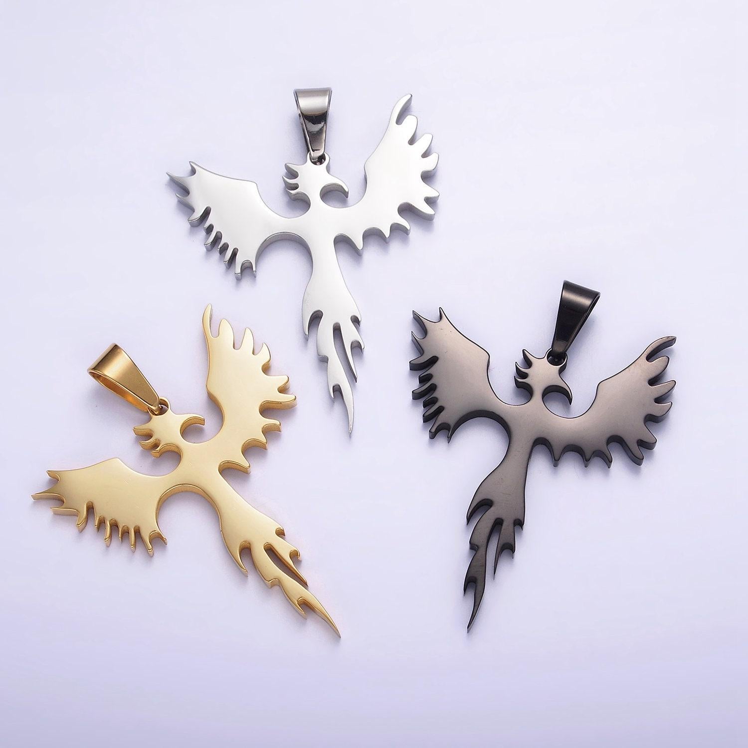Stainless steel phoenix bird charm statement necklace fire pedant in gold, black, silver | p713 - p715