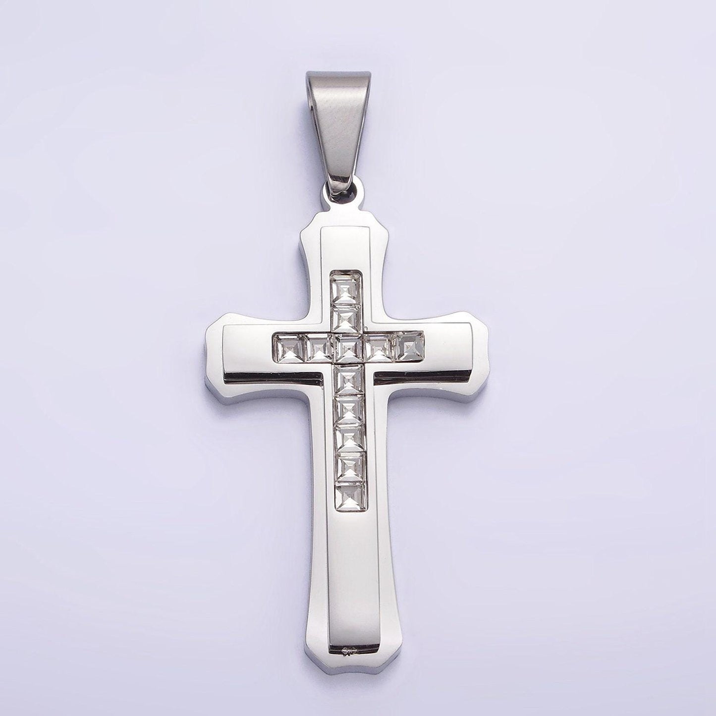 Men's cross necklaces pendant in stainless steel with clear baguette stone for religious jewelry making supply p-710