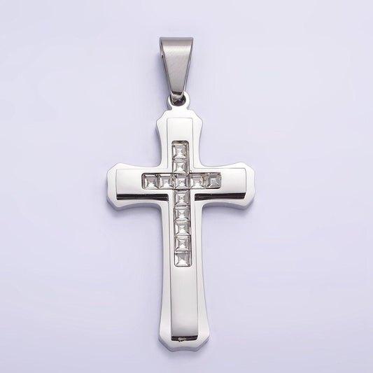 Men's cross necklaces pendant in stainless steel with clear baguette stone for religious jewelry making supply p-710