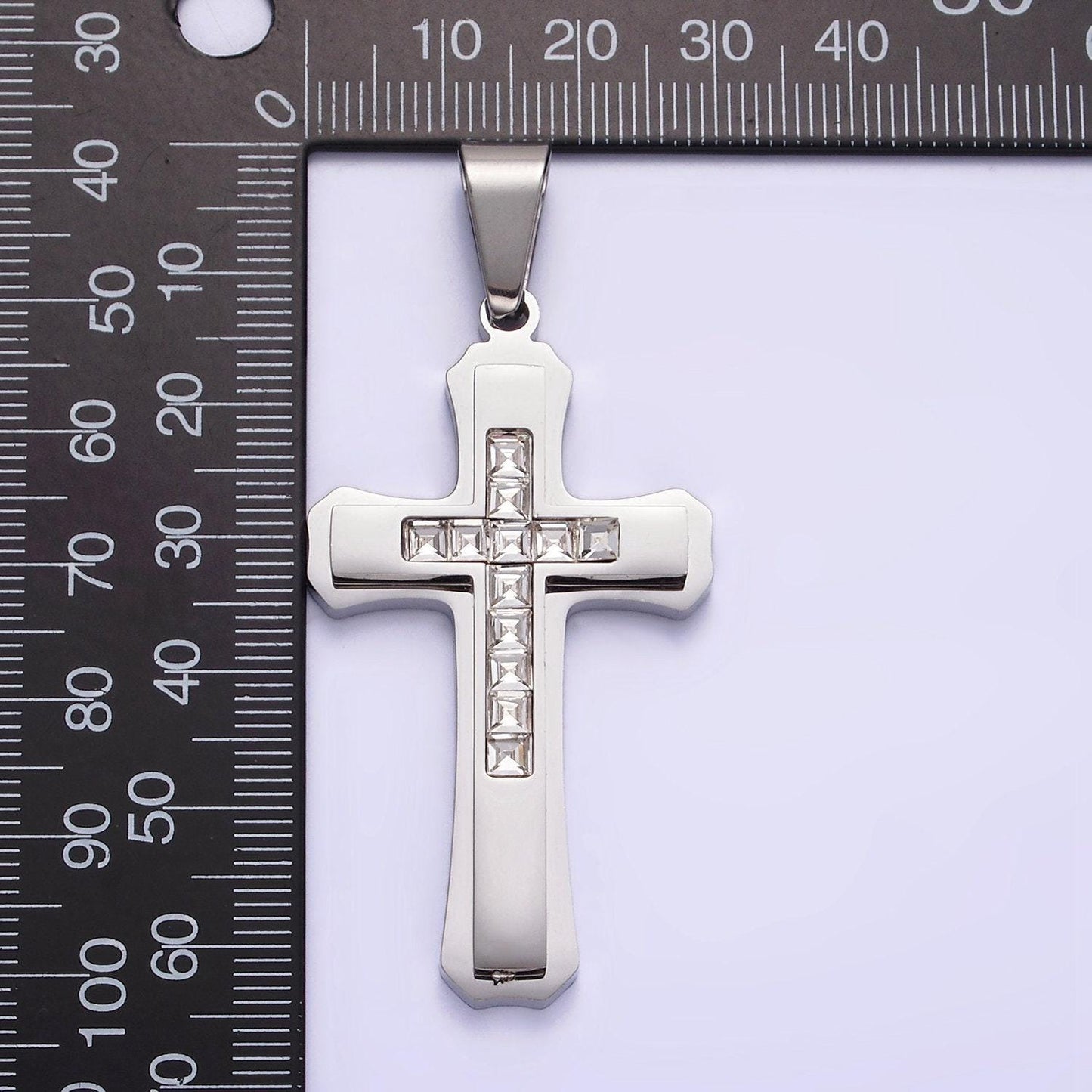 Men's cross necklaces pendant in stainless steel with clear baguette stone for religious jewelry making supply p-710