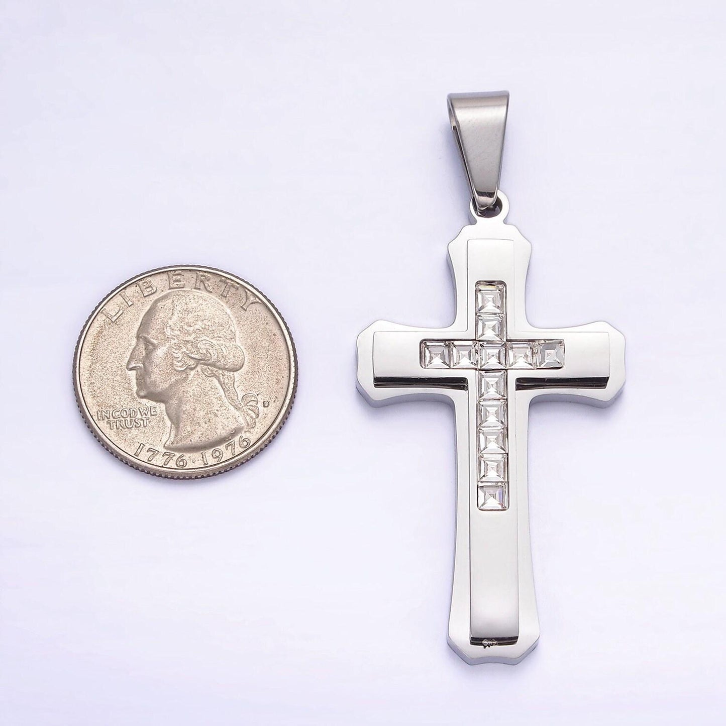Men's cross necklaces pendant in stainless steel with clear baguette stone for religious jewelry making supply p-710