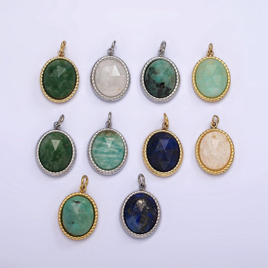 Stainless steel clear quartz, amazonite, zoisite, aventurine, lapis lazuli bezel oval charm in silver & gold | p690-p692