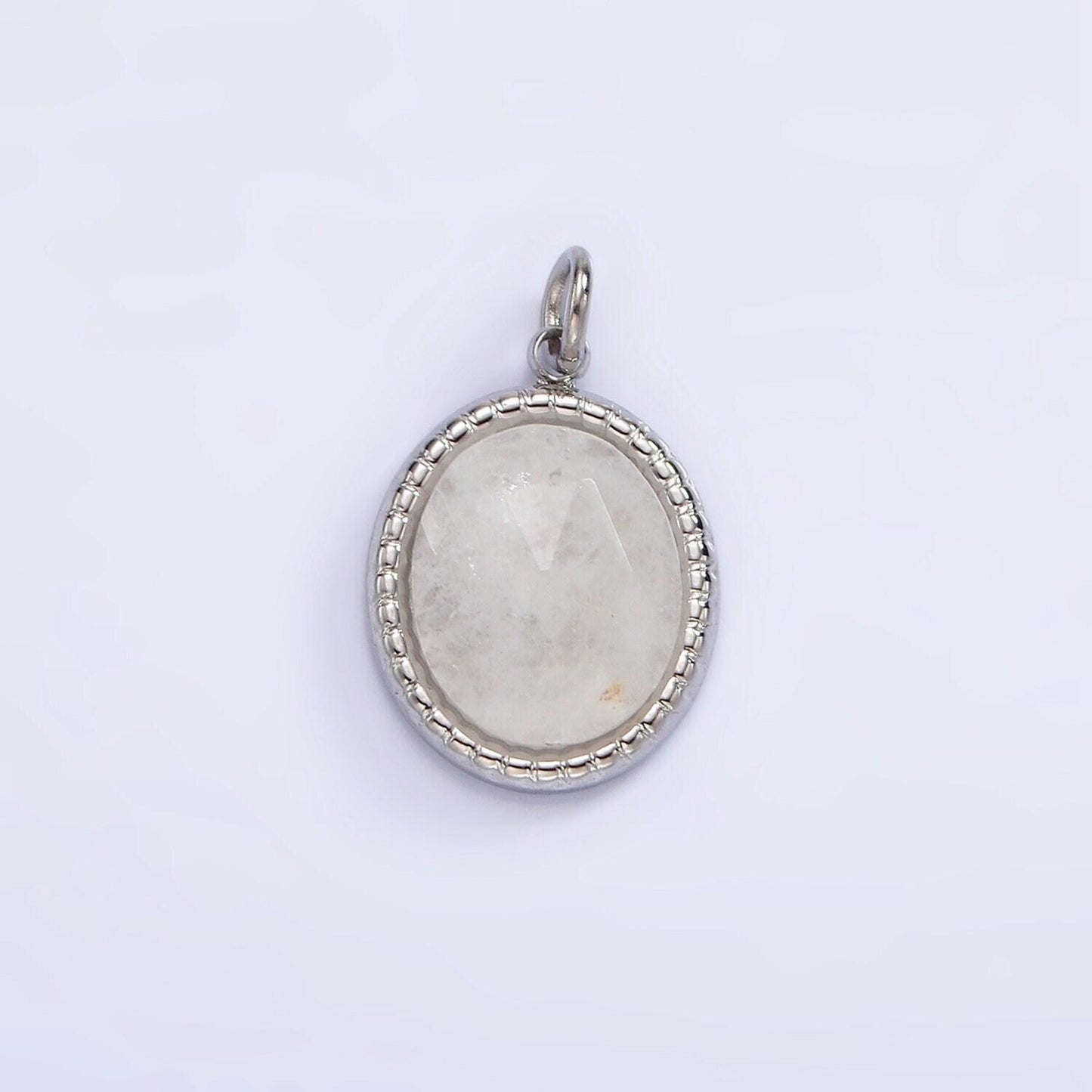 Stainless steel clear quartz, amazonite, zoisite, aventurine, lapis lazuli bezel oval charm in silver & gold | p688 - p697