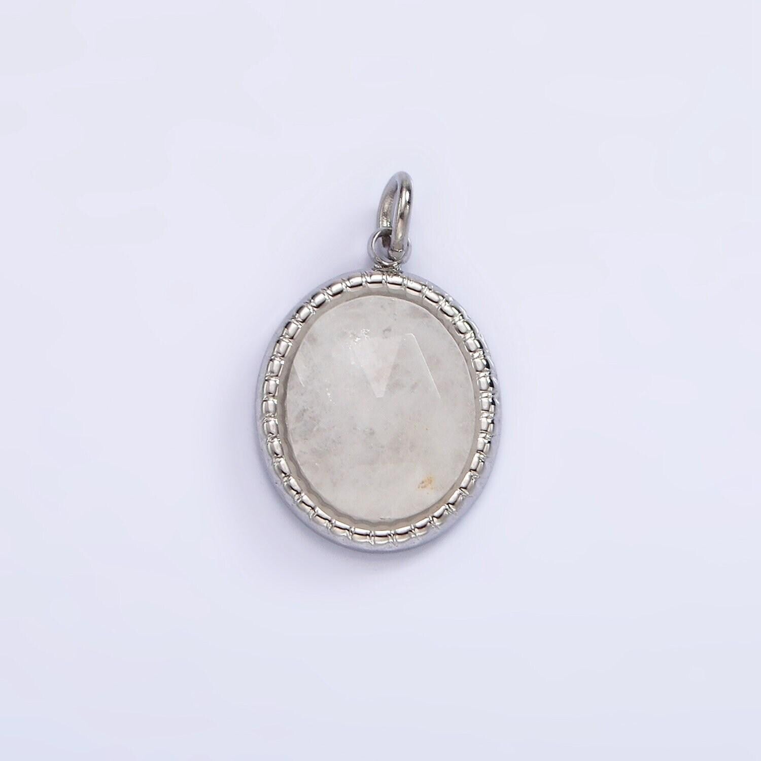 Stainless steel clear quartz, amazonite, zoisite, aventurine, lapis lazuli bezel oval charm in silver & gold | p688 - p697