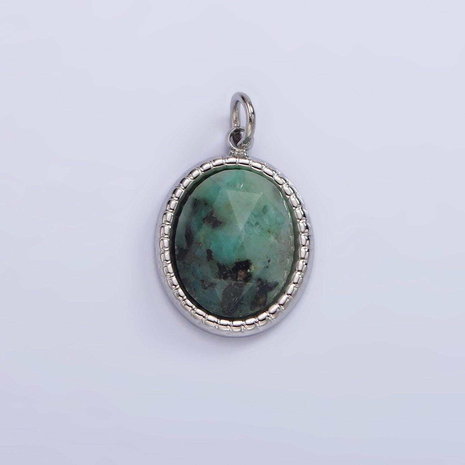 Stainless steel clear quartz, amazonite, zoisite, aventurine, lapis lazuli bezel oval charm in silver & gold | p688 - p697