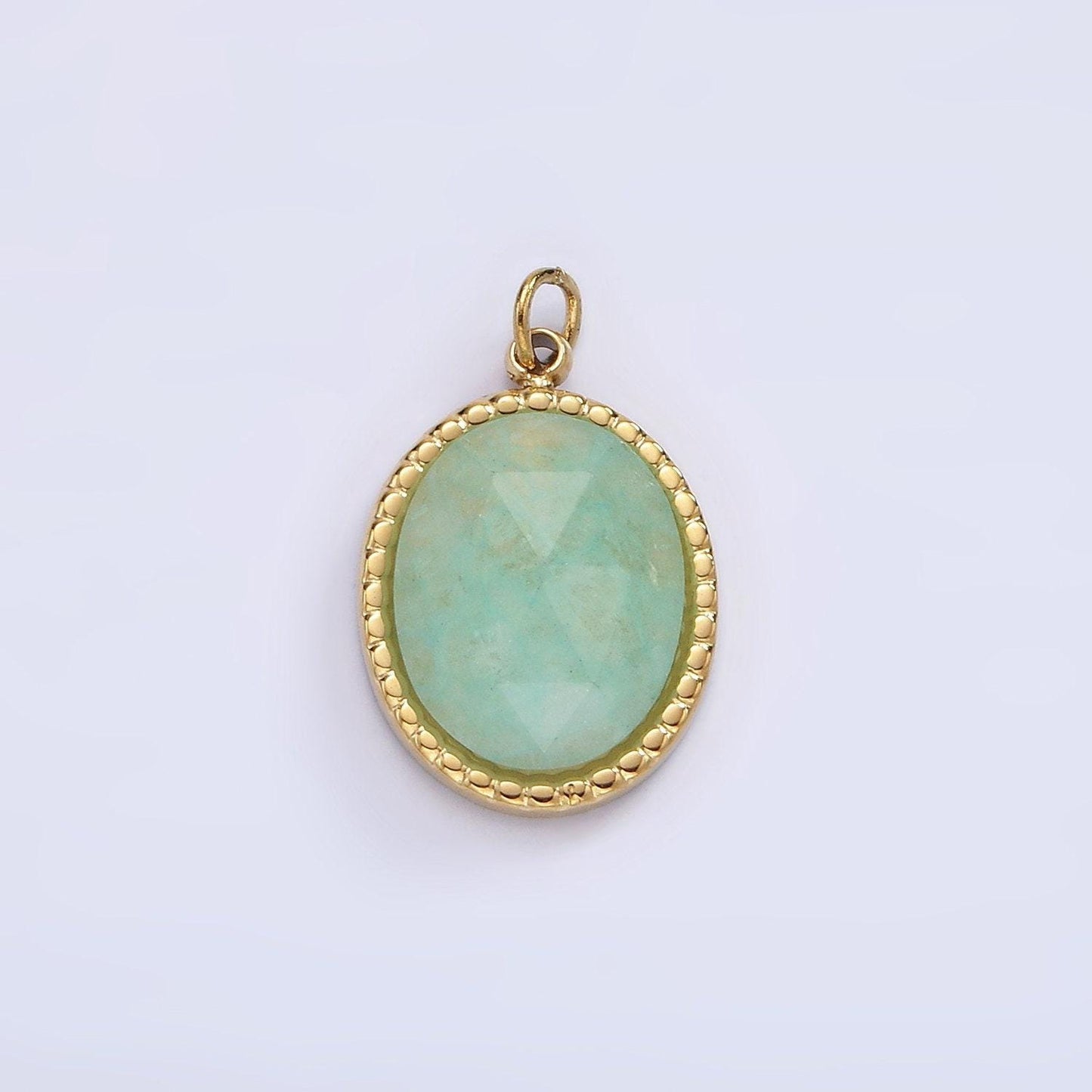 Stainless steel clear quartz, amazonite, zoisite, aventurine, lapis lazuli bezel oval charm in silver & gold | p690-p692