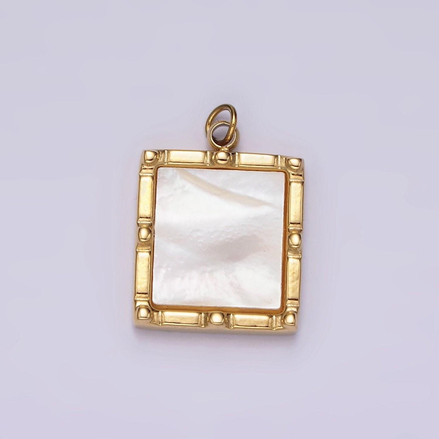 Stainless steel 15mm shell pearl square bar dot bezel charm in silver & gold | p682 p683