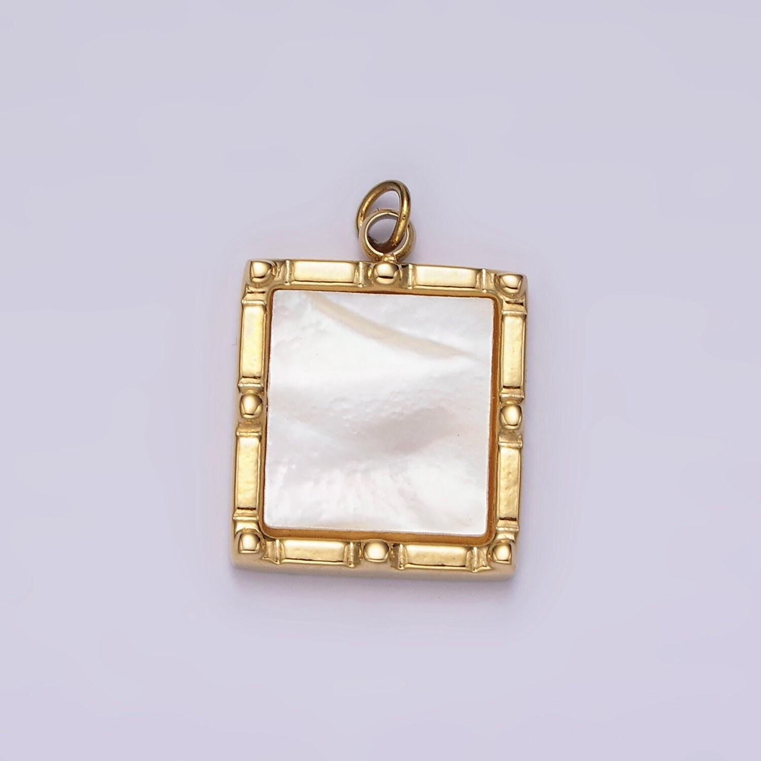 Stainless steel 15mm shell pearl square bar dot bezel charm in silver & gold | p682 p683