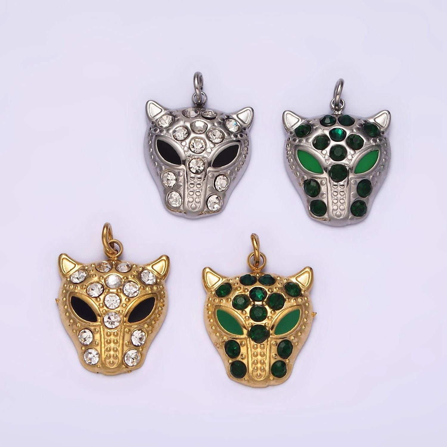 Stainless steel green, black eyed panther animal cz dotted charm in gold & silver | p678 - p681