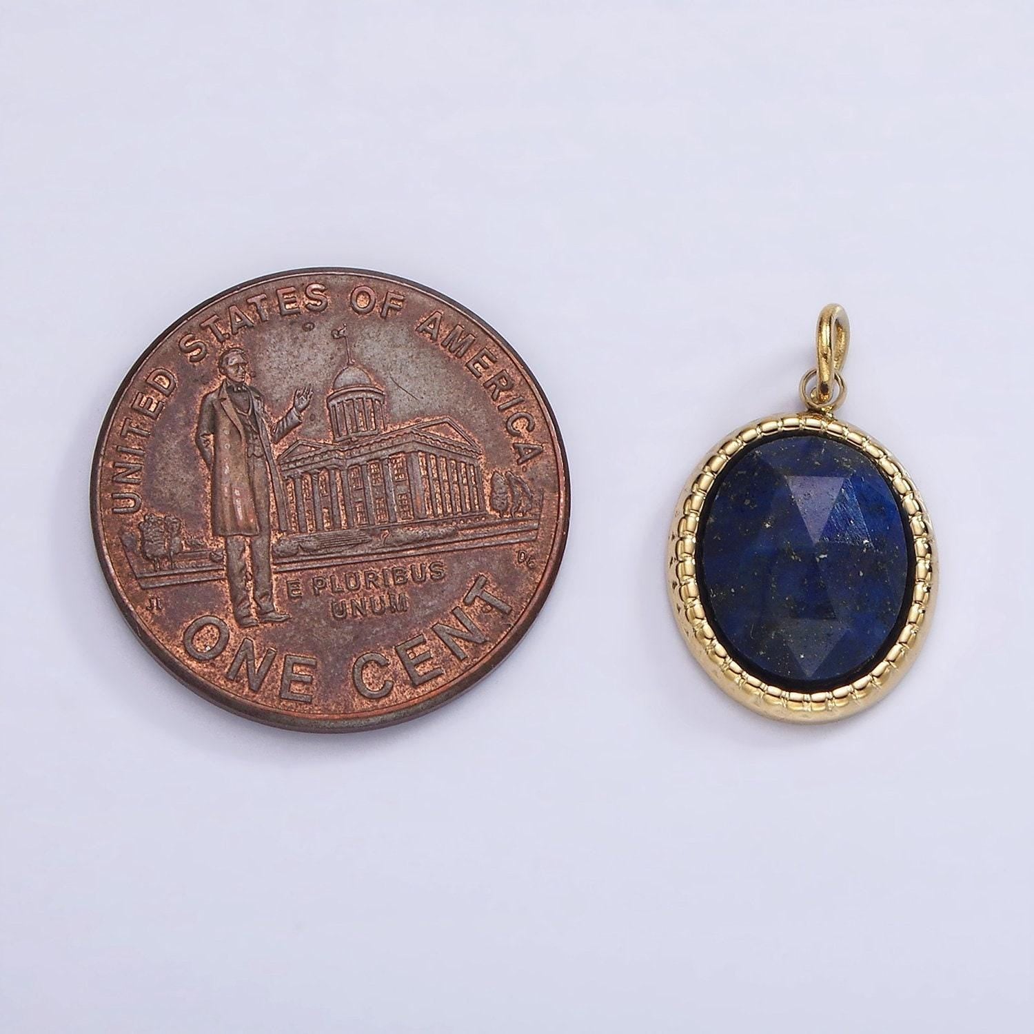 Stainless steel clear quartz, amazonite, zoisite, aventurine, lapis lazuli bezel oval charm in silver & gold | p688 - p697