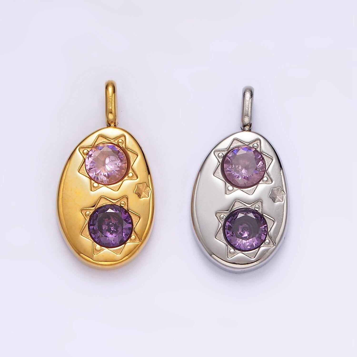 Stainless steel double celestial sun purple pink cz oval pendant in gold & silver | p671 p672