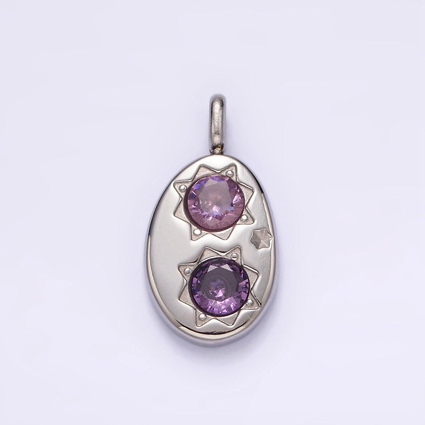 Stainless steel double celestial sun purple pink cz oval pendant in gold & silver | p671 p672