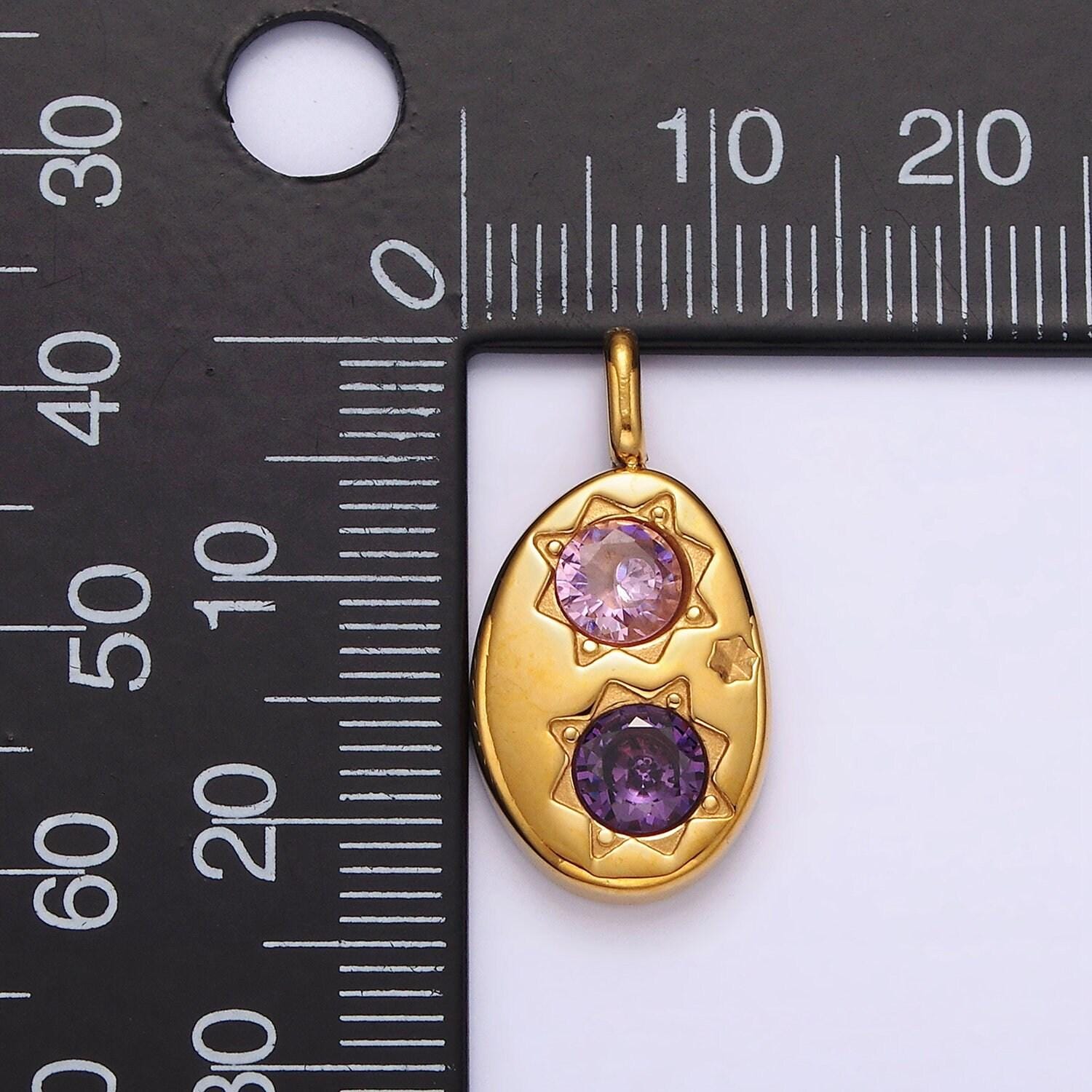 Stainless steel double celestial sun purple pink cz oval pendant in gold & silver | p671 p672