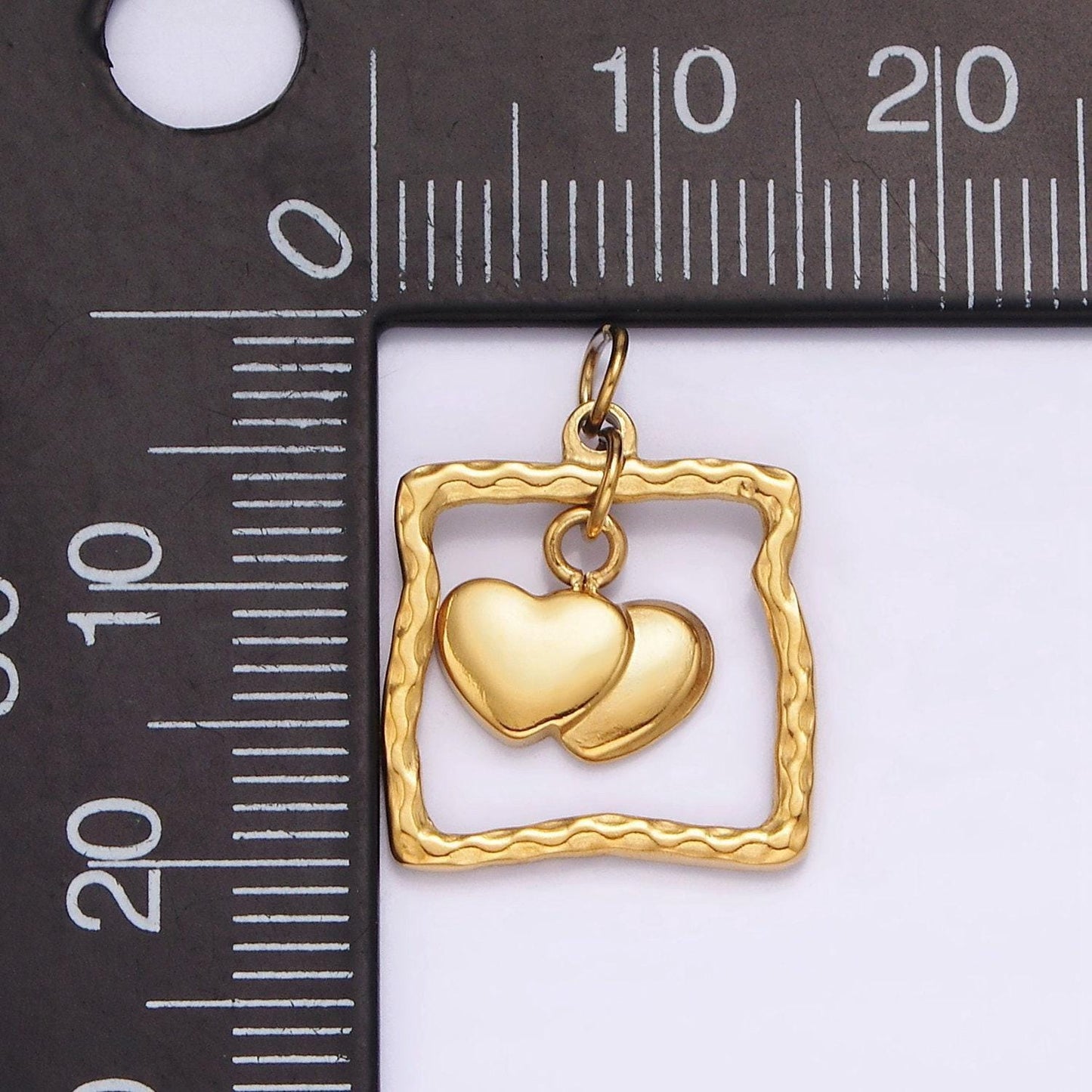 Stainless steel double heart drop open abstract square frame charm | p664