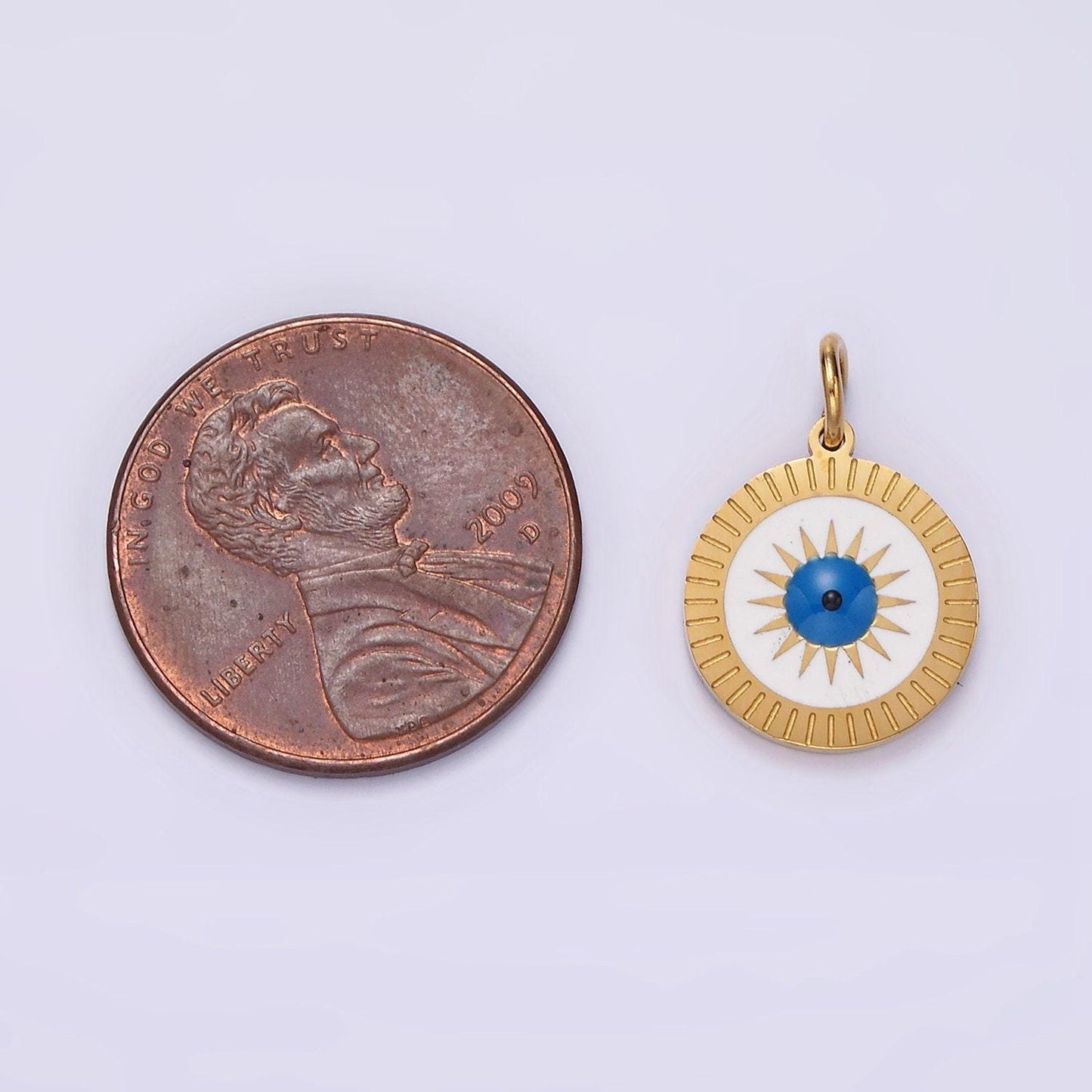 Stainless steel celestial sun evil eye lined round charm | p653