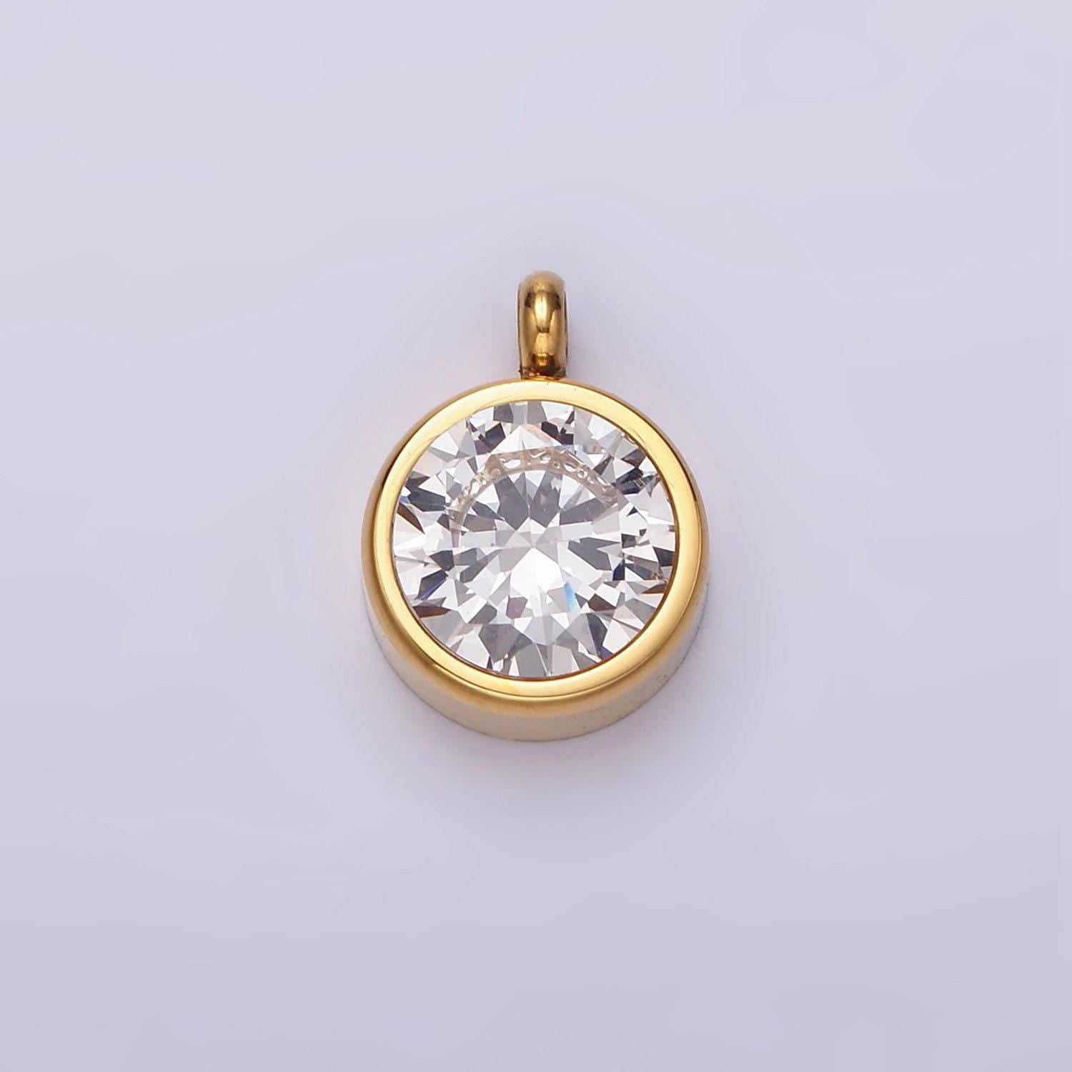 Stainless steel clear, pink, black, green cz round bezel minimalist charm | p641 - p644