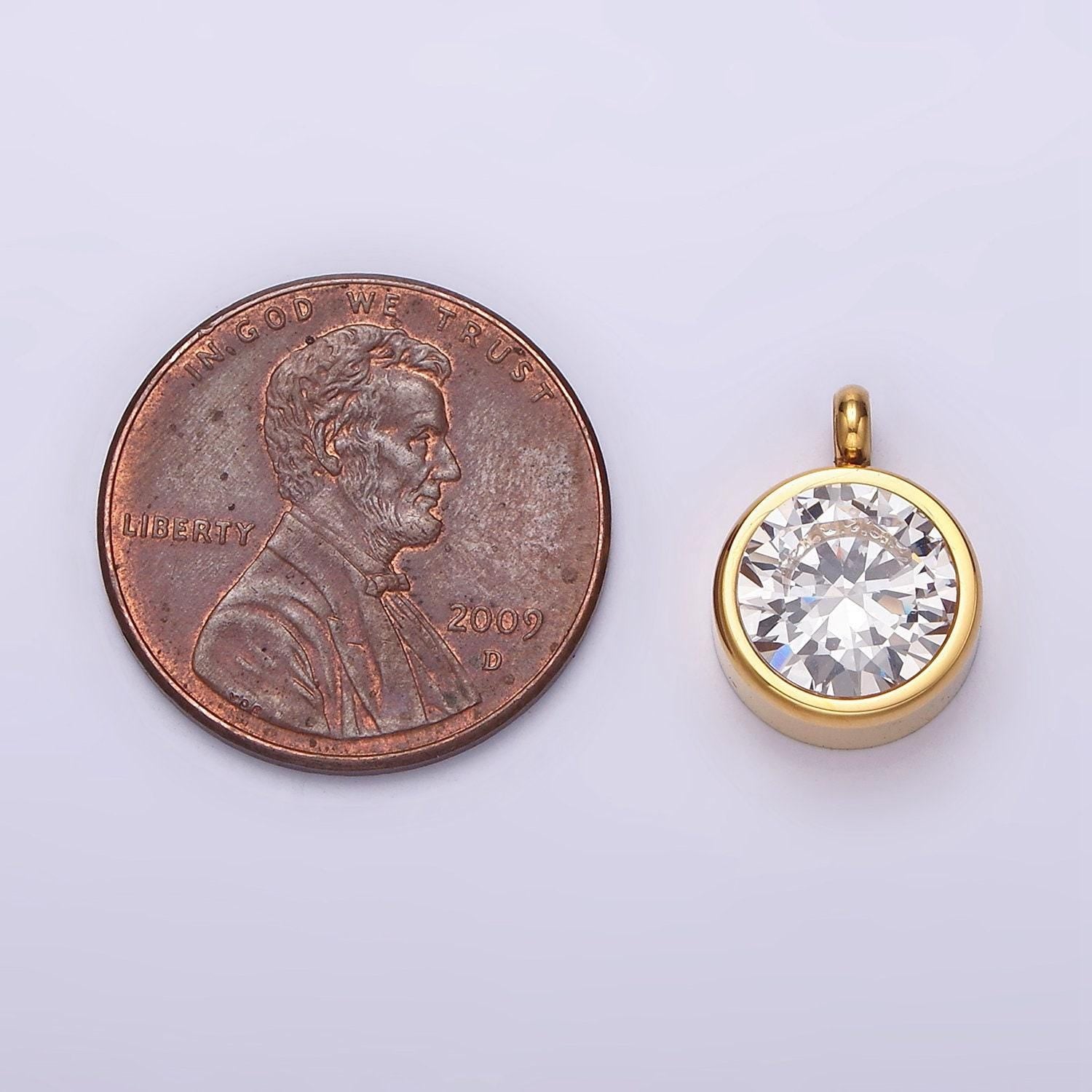 Stainless steel clear, pink, black, green cz round bezel minimalist charm | p641 - p644