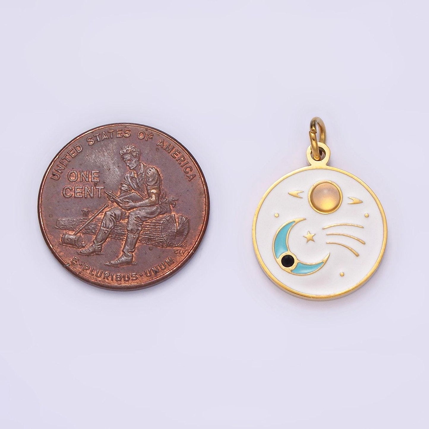 Gold stainless steel coin crescent moon charm dainty teal white enamel charm p-634