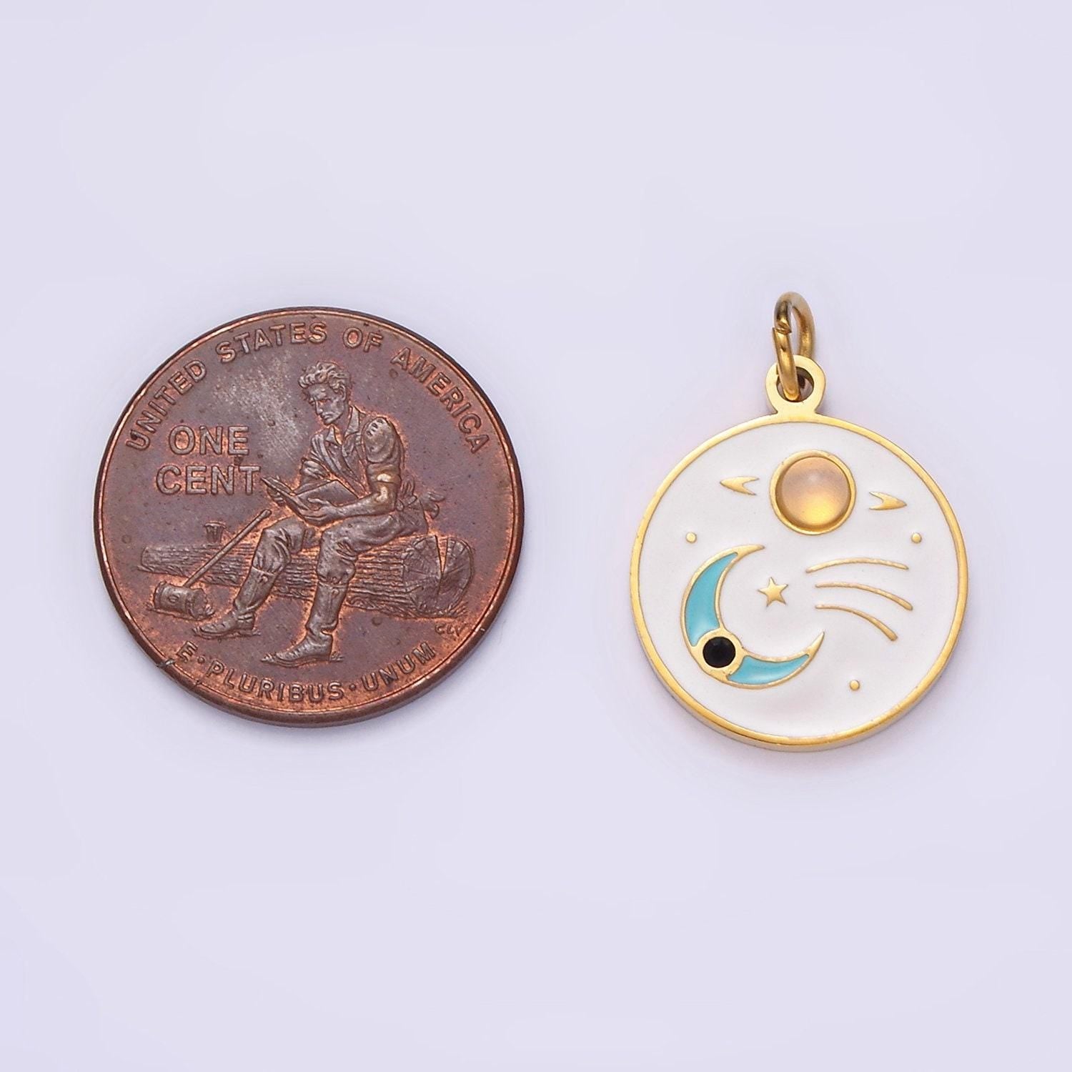 Gold stainless steel coin crescent moon charm dainty teal white enamel charm p-634