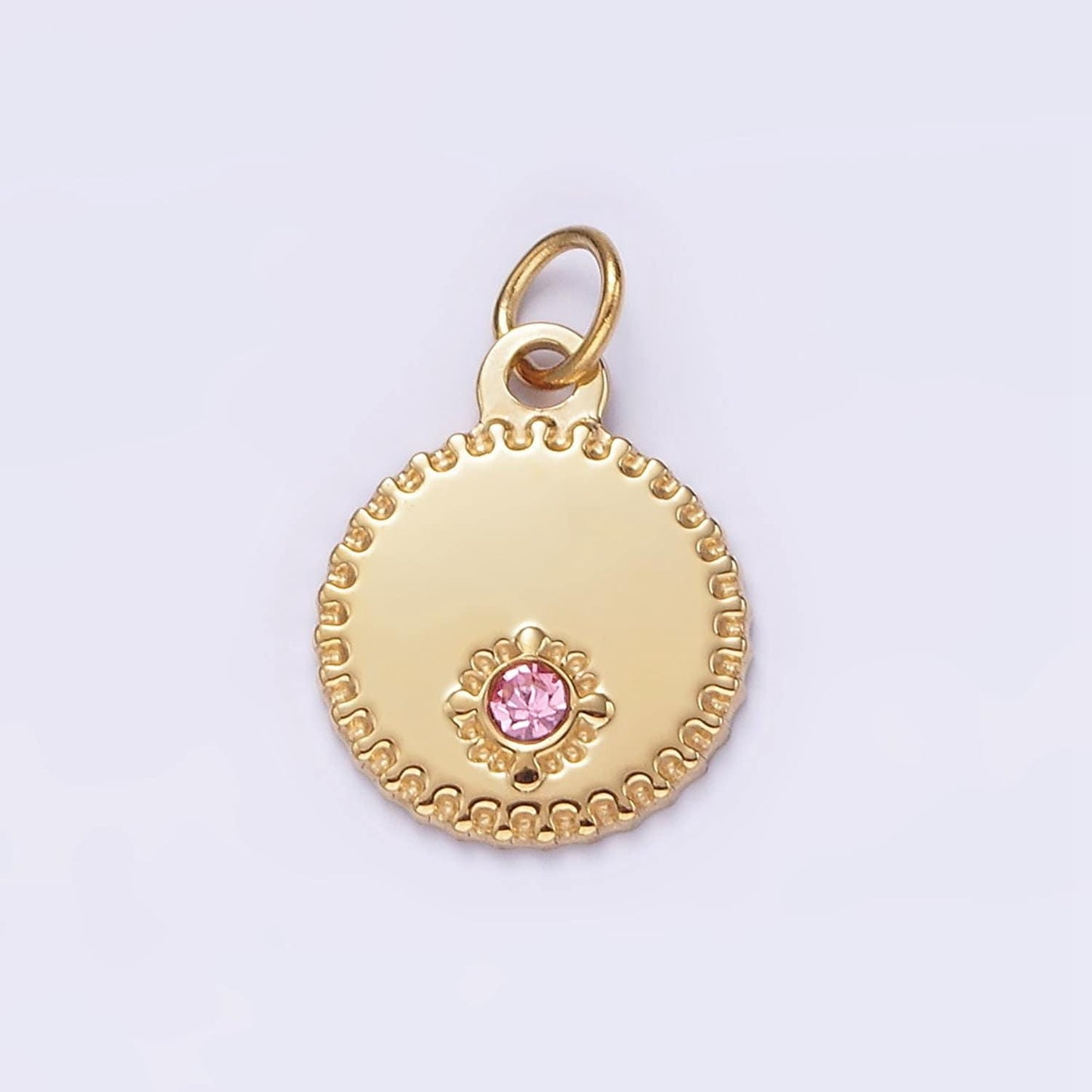 Stainless steel pink cz dotted stamped outline round charm | p632