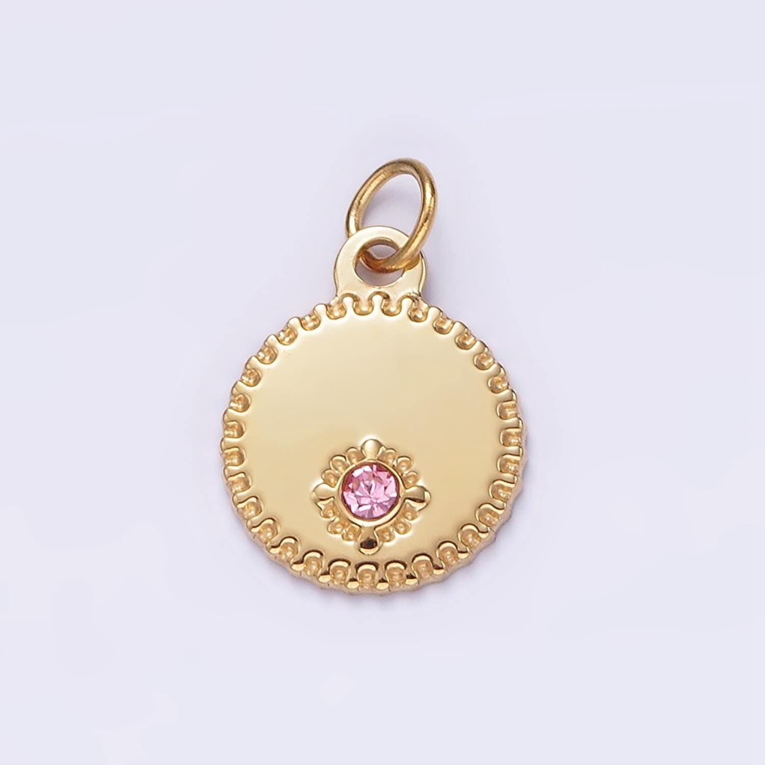 Stainless steel pink cz dotted stamped outline round charm | p632