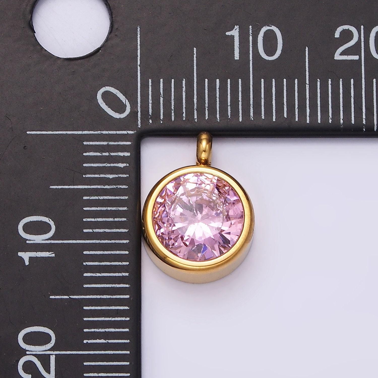 Stainless steel clear, pink, black, green cz round bezel minimalist charm | p641 - p644