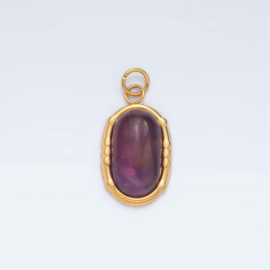 Stainless steel amethyst natural gemstone oblong bezel charm | p631
