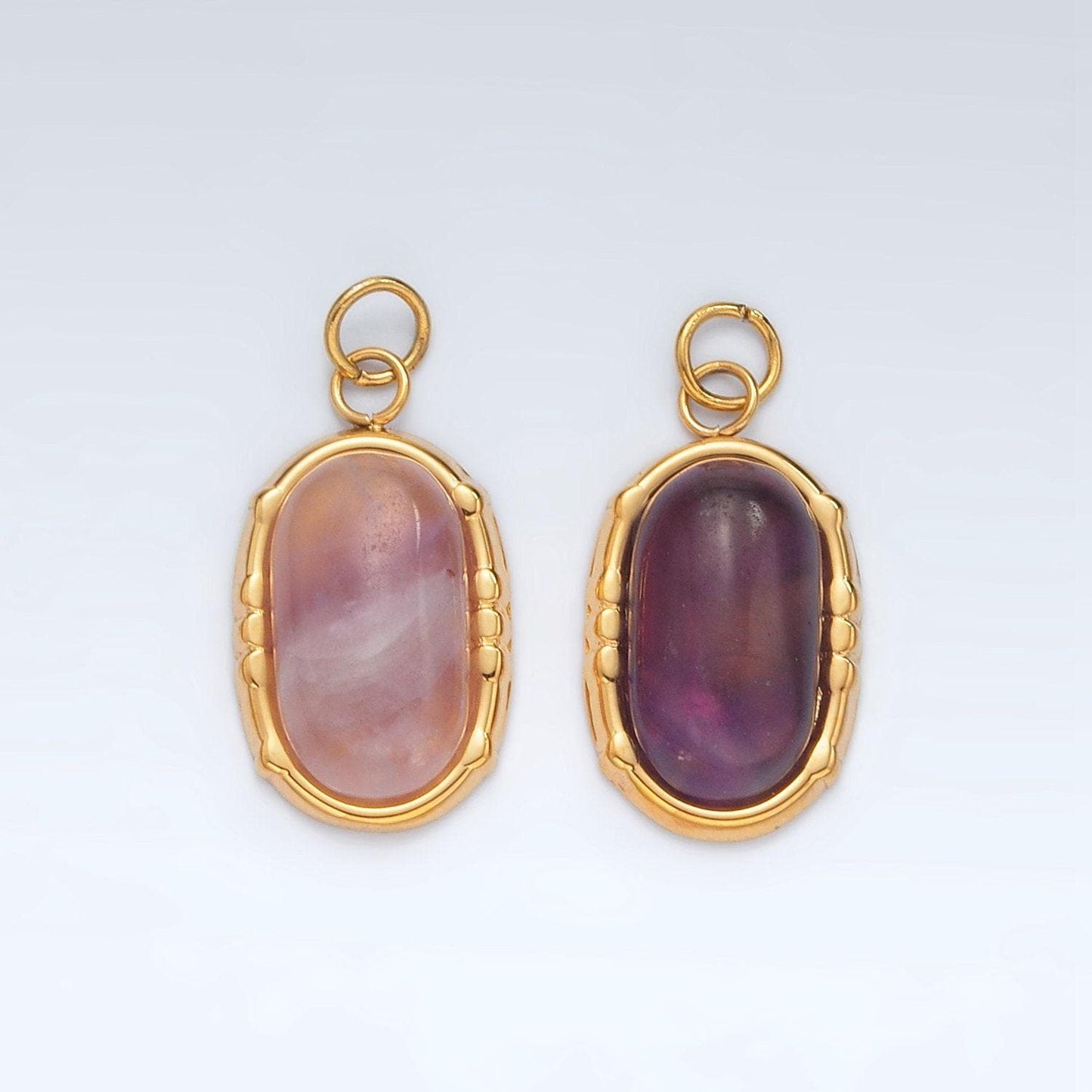 Stainless steel amethyst natural gemstone oblong bezel charm | p631