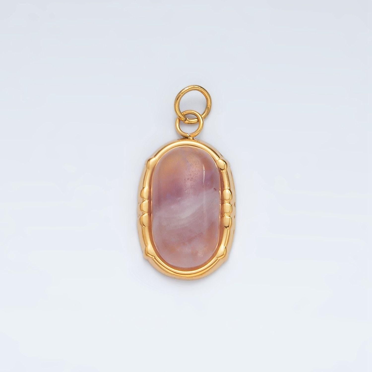 Stainless steel amethyst natural gemstone oblong bezel charm | p631