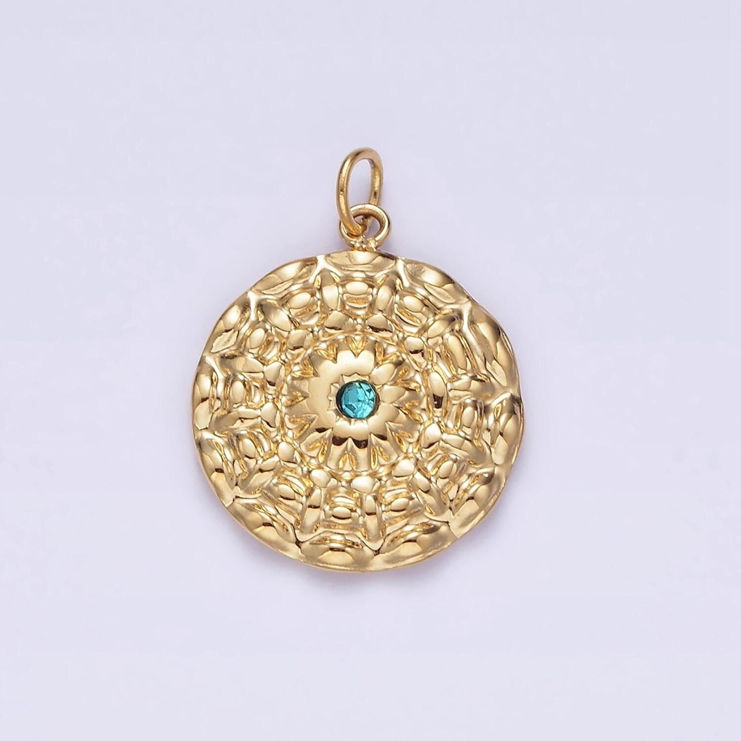 Stainless steel blue cz celestial sun flower hammered round charm p-622