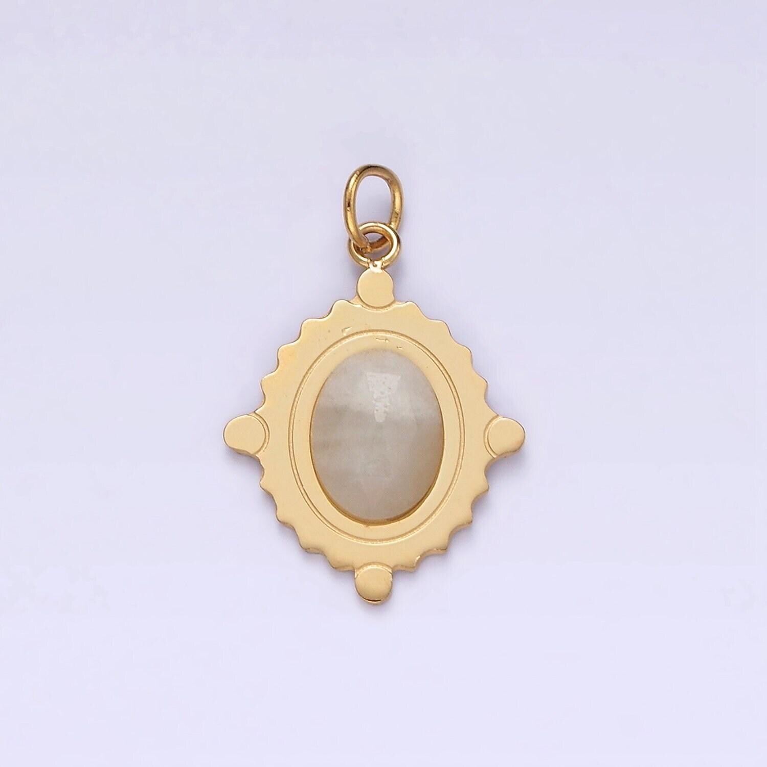 Stainless steel onyx, tiger eye, moonstone multifaceted dotted oval charm | p619 p620