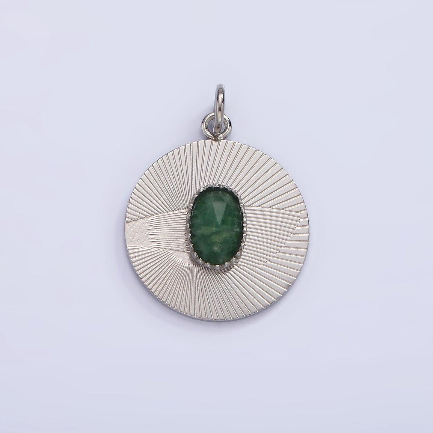 Stainless steel green aventurine multifaceted cabochon line-textured round charm in gold & silver | p1329