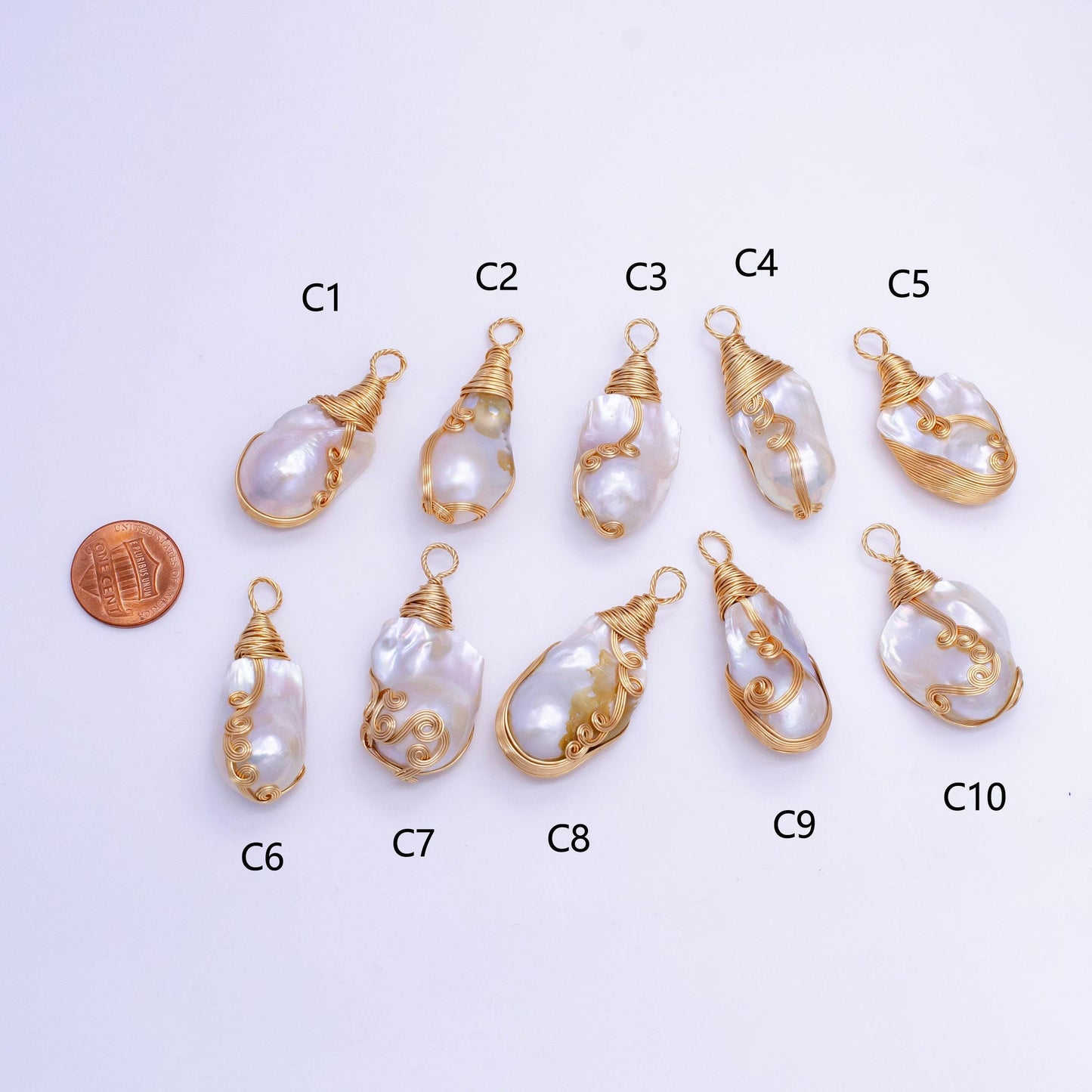 One of a kind big bold white baroque keishi freshwater pearl with handmade gold wired pendant in gold statement jewelry p-1854
