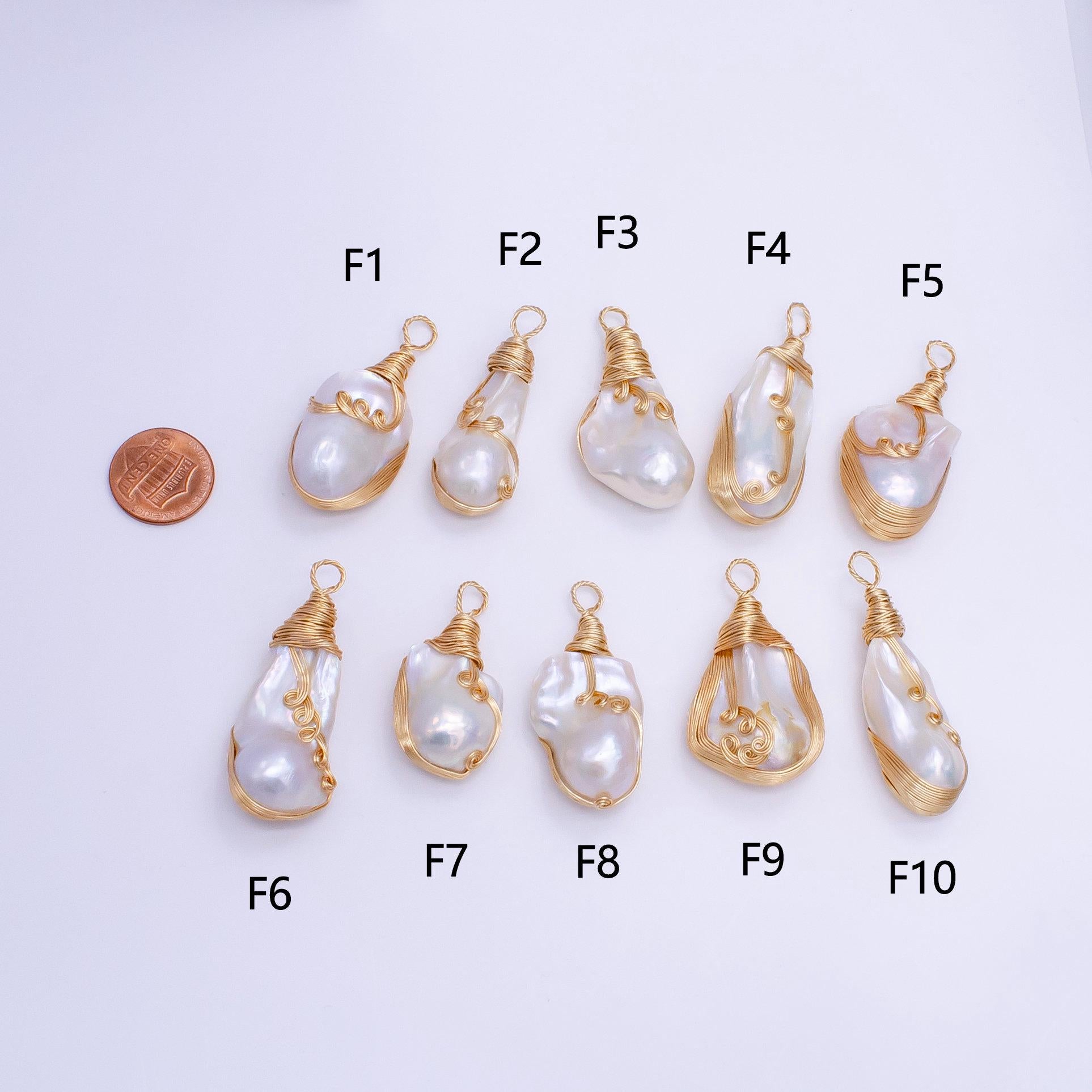 One of a kind big bold white baroque keishi freshwater pearl with handmade gold wired pendant in gold statement jewelry p-1854